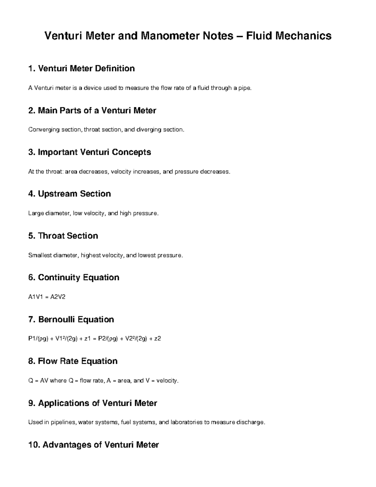 Fluid Mechanics 1: Venturi Meter & Manometer Notes - Studocu
