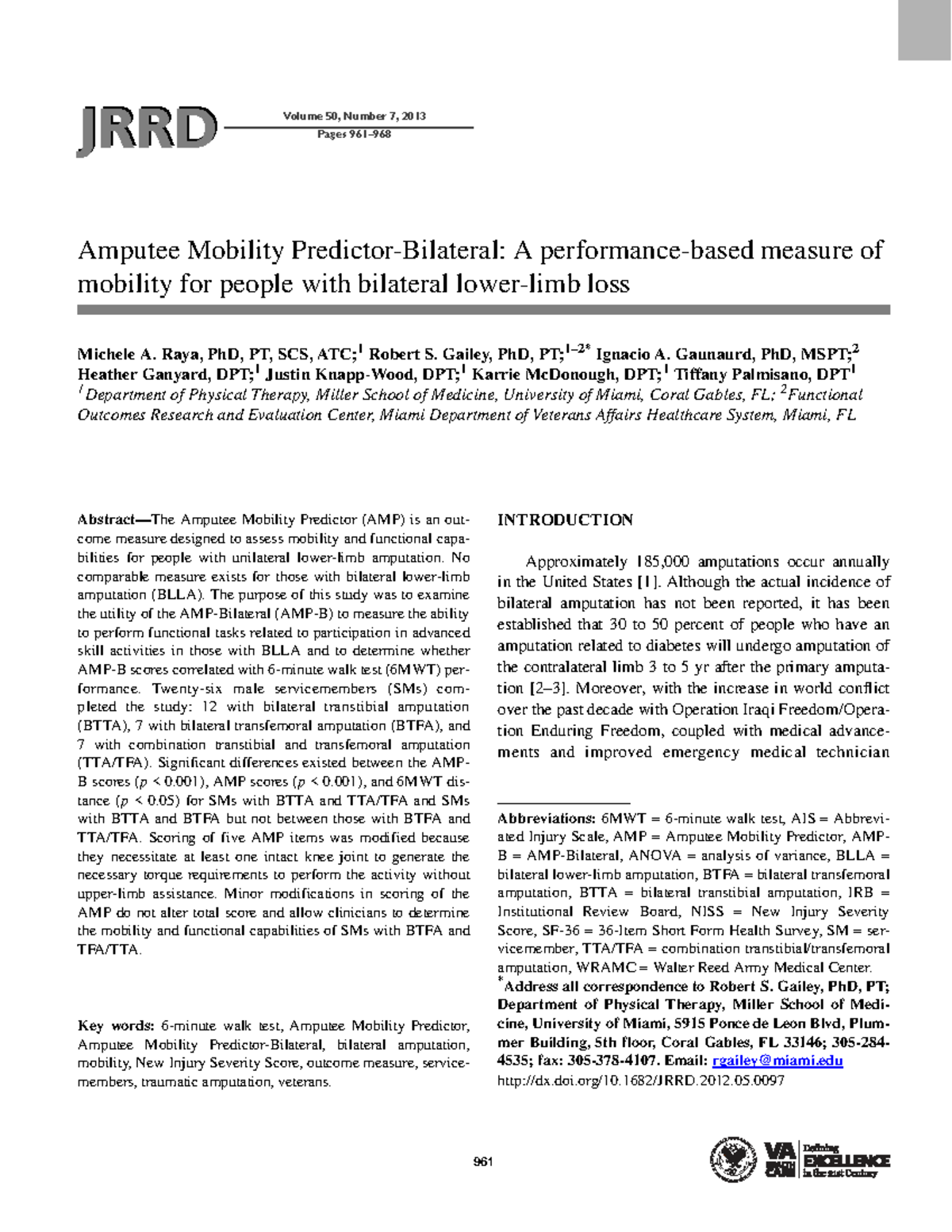 Amputee Mobility Predictor (AMP) for Bilateral Limb Loss Assessment ...
