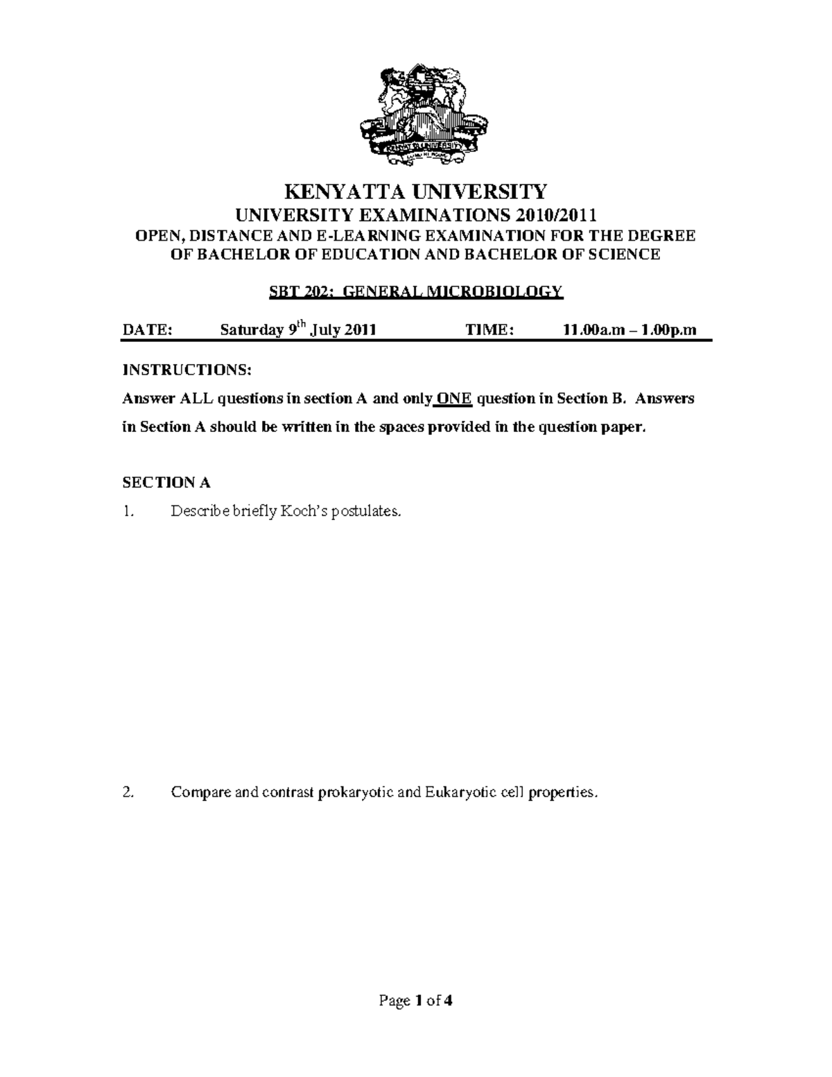 SBT 202: General Microbiology Exam Revision Notes (2011) - Studocu