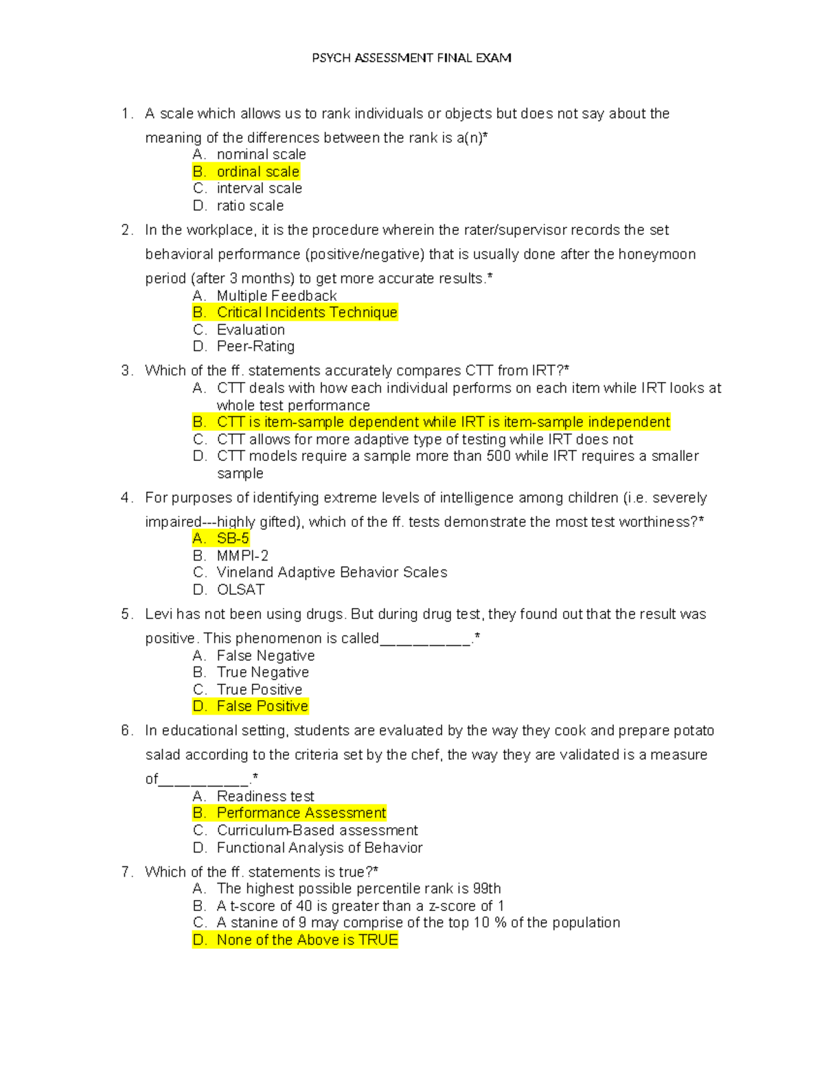 PSYCH 101 ASSESSMENT FINAL EXAM REVIEW DRILLS AND QUESTIONS - Studocu