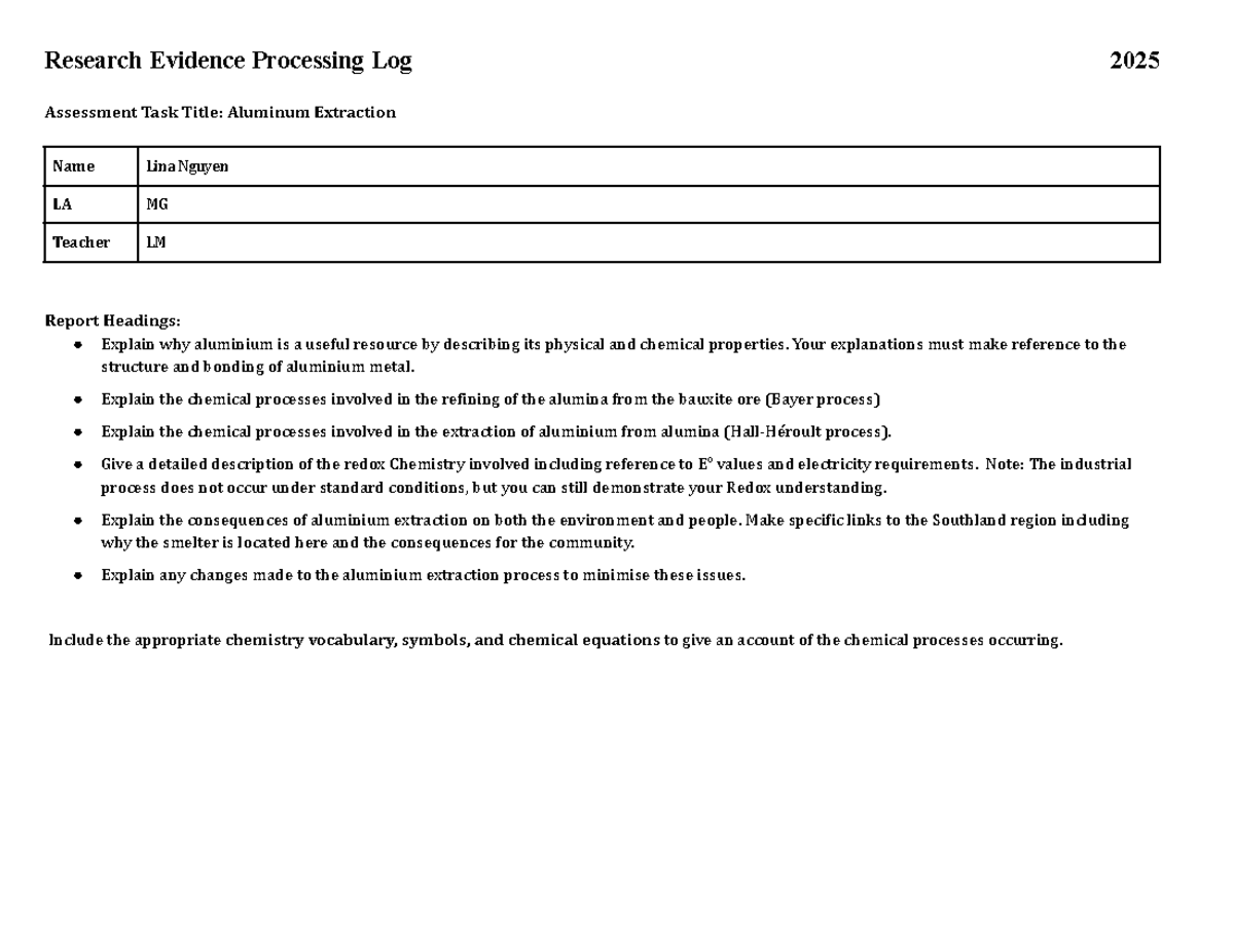 Lina Nguyen - Research Evidence Processing Log - Research Evidence ...