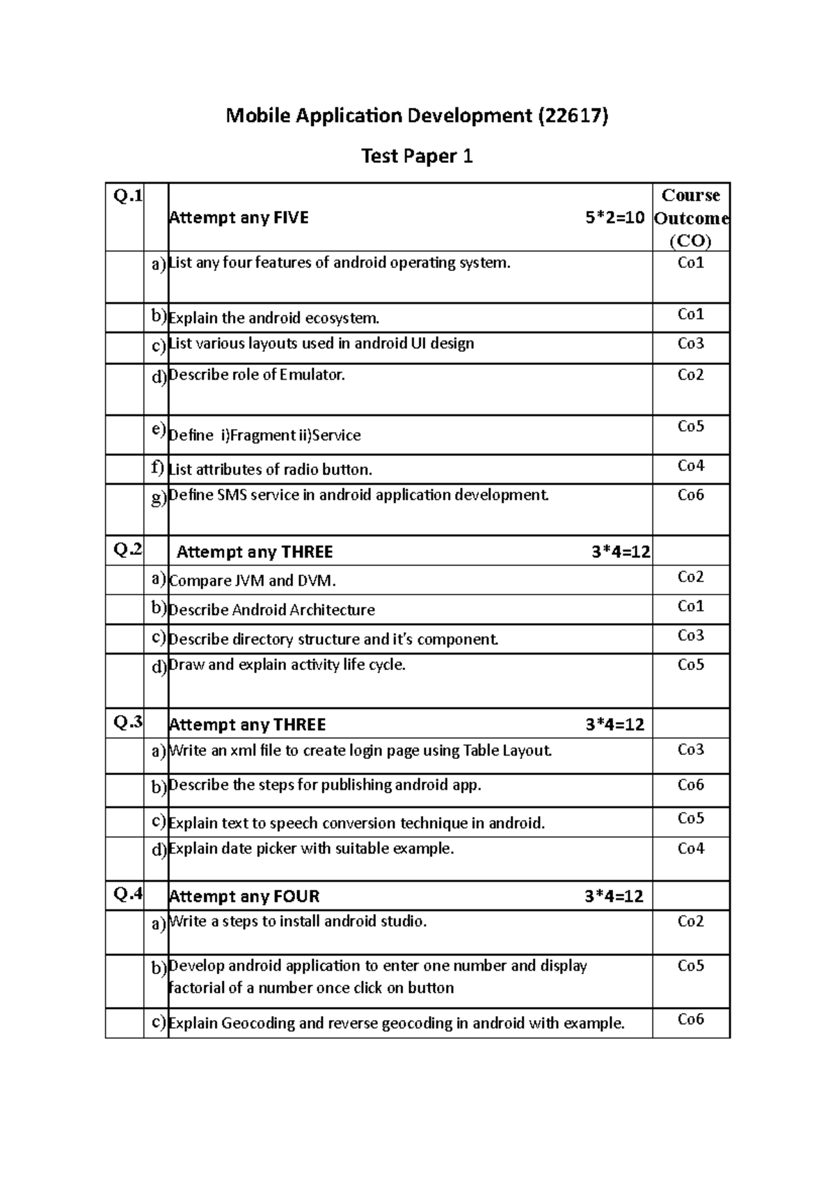 Mobile Application Development (22617) Prelim Paper 1 - 70 Marks - Studocu