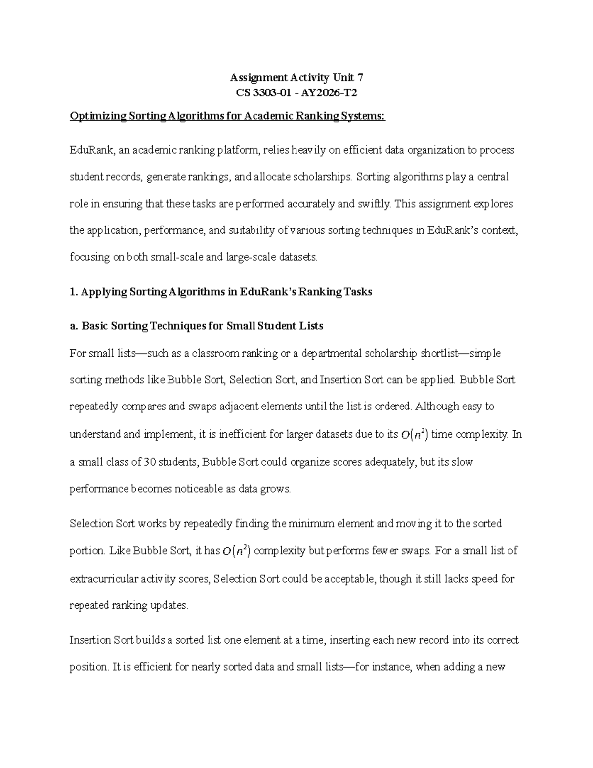 Assignment Activity Unit 7: Optimizing Sorting Algorithms for EduRank ...