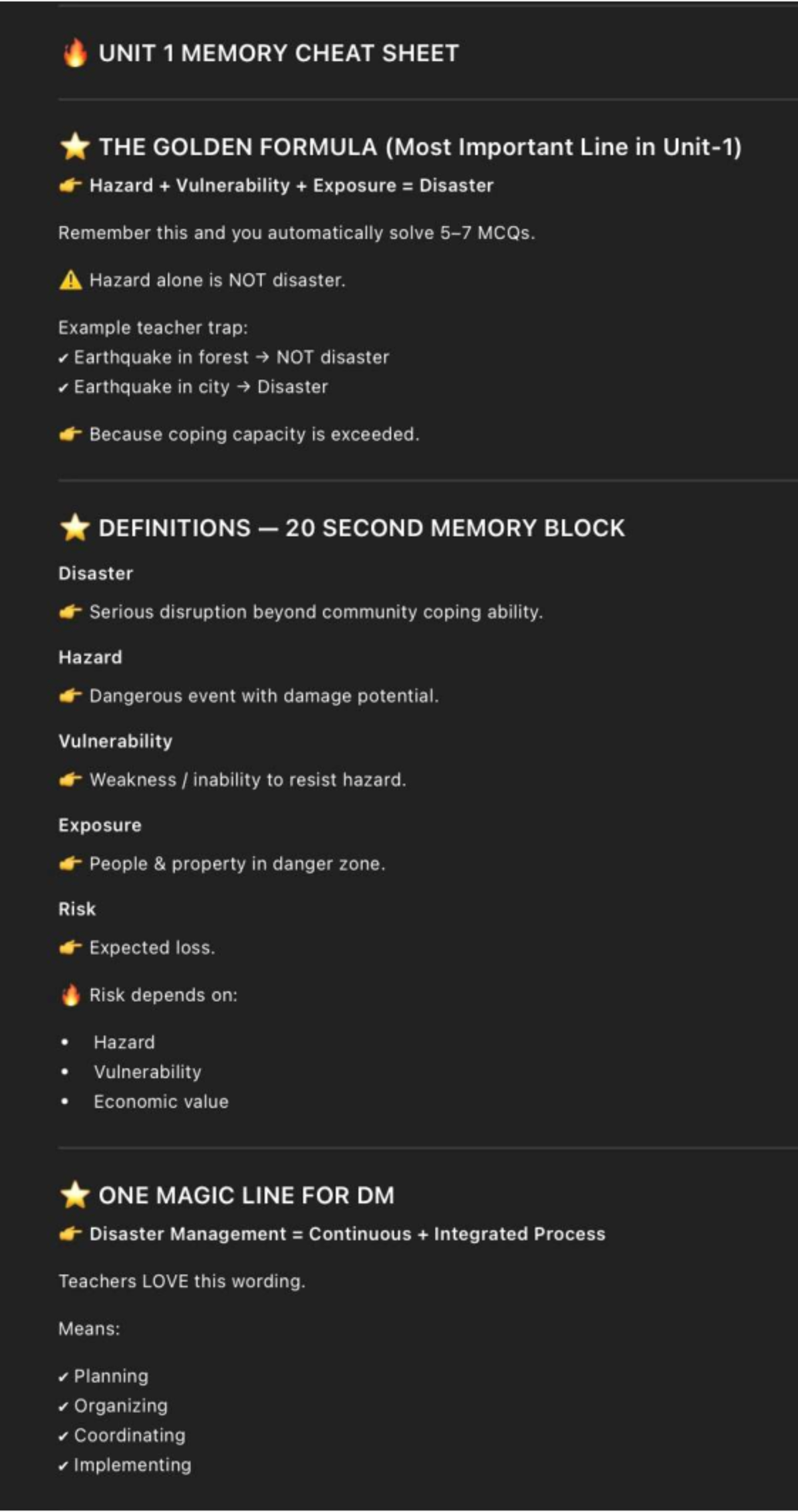 UNIT 1 MEMORY CHEAT SHEET: DISASTER MANAGEMENT STRATEGIES - Studocu