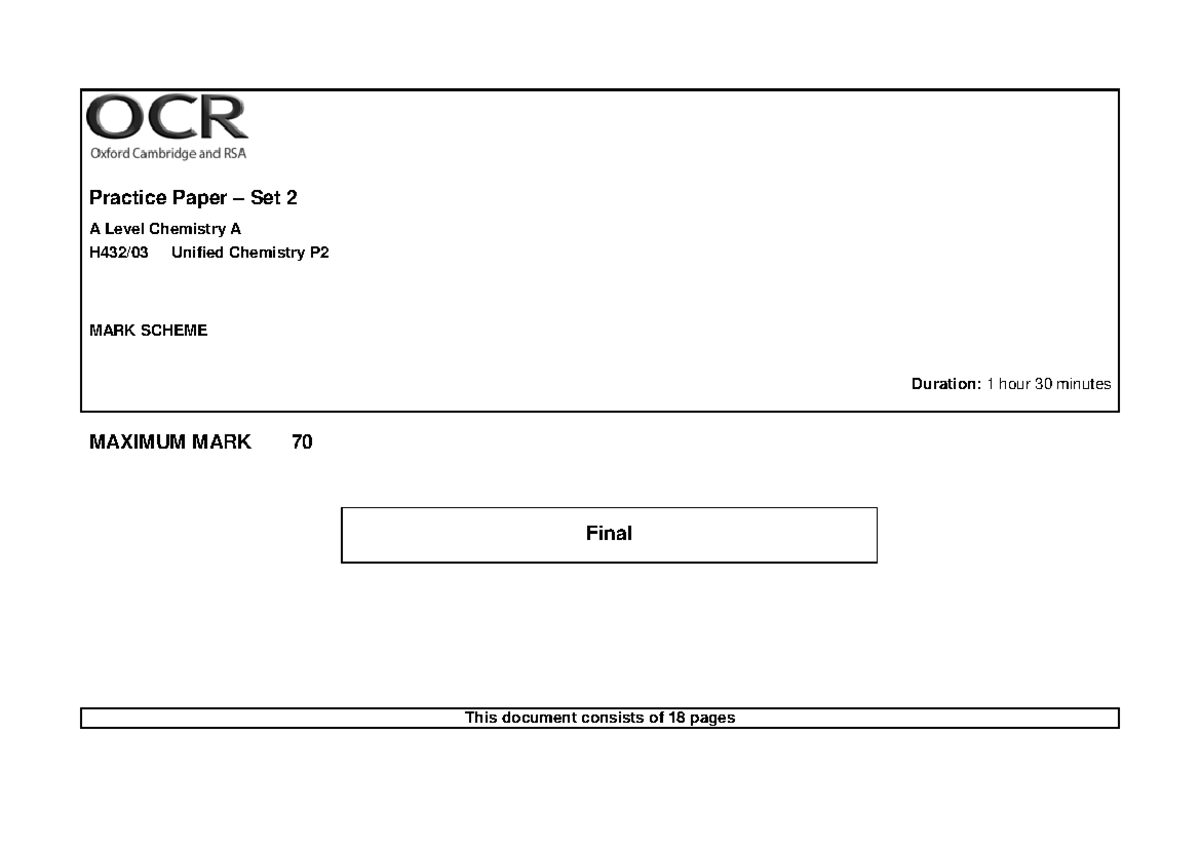 H432 03 Final Exam Mark Scheme for A Level Chemistry Set 2 - Studocu