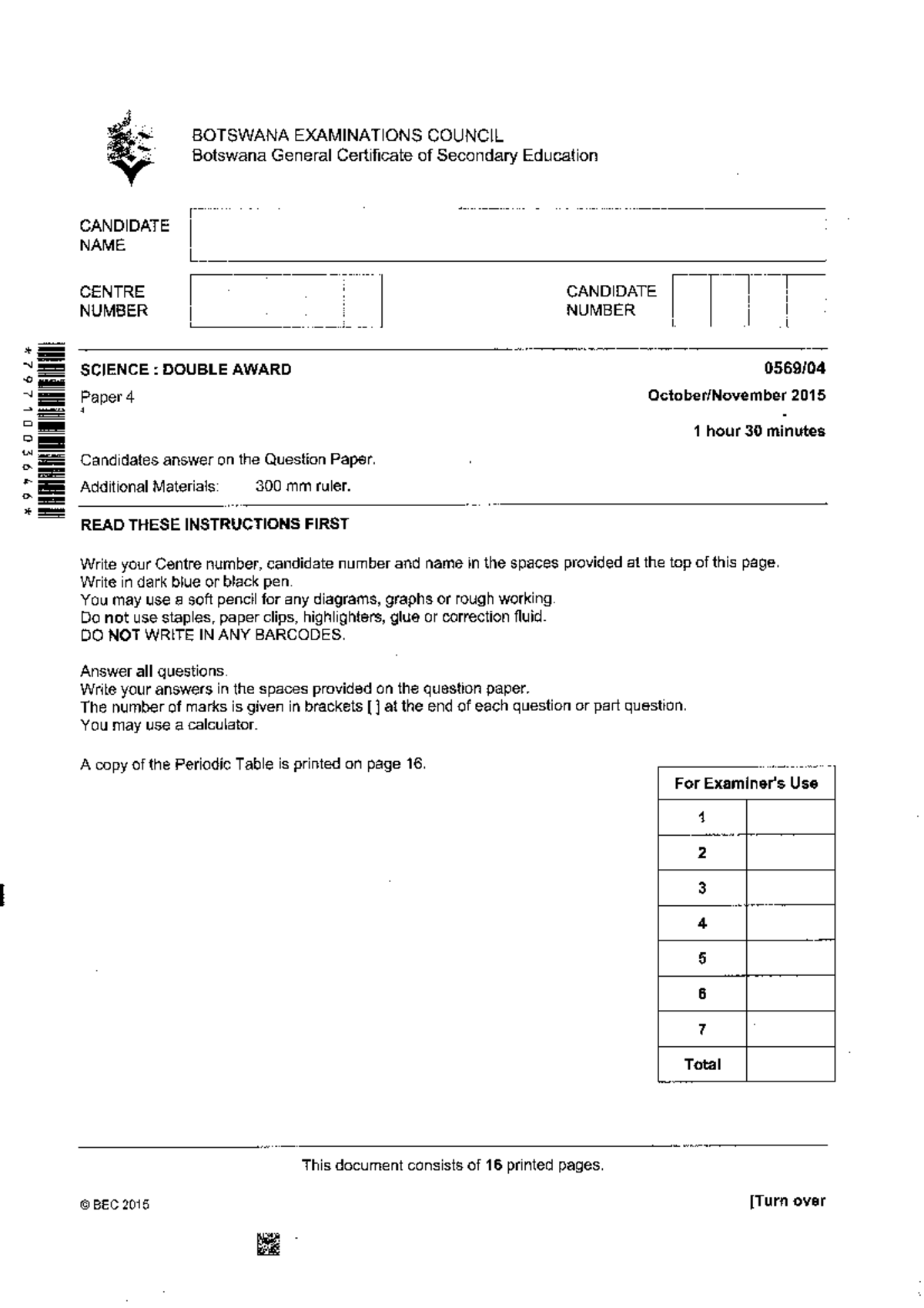 BOTSWANA GCE BEC Double Science Paper 4 Exam 2015 - Studocu