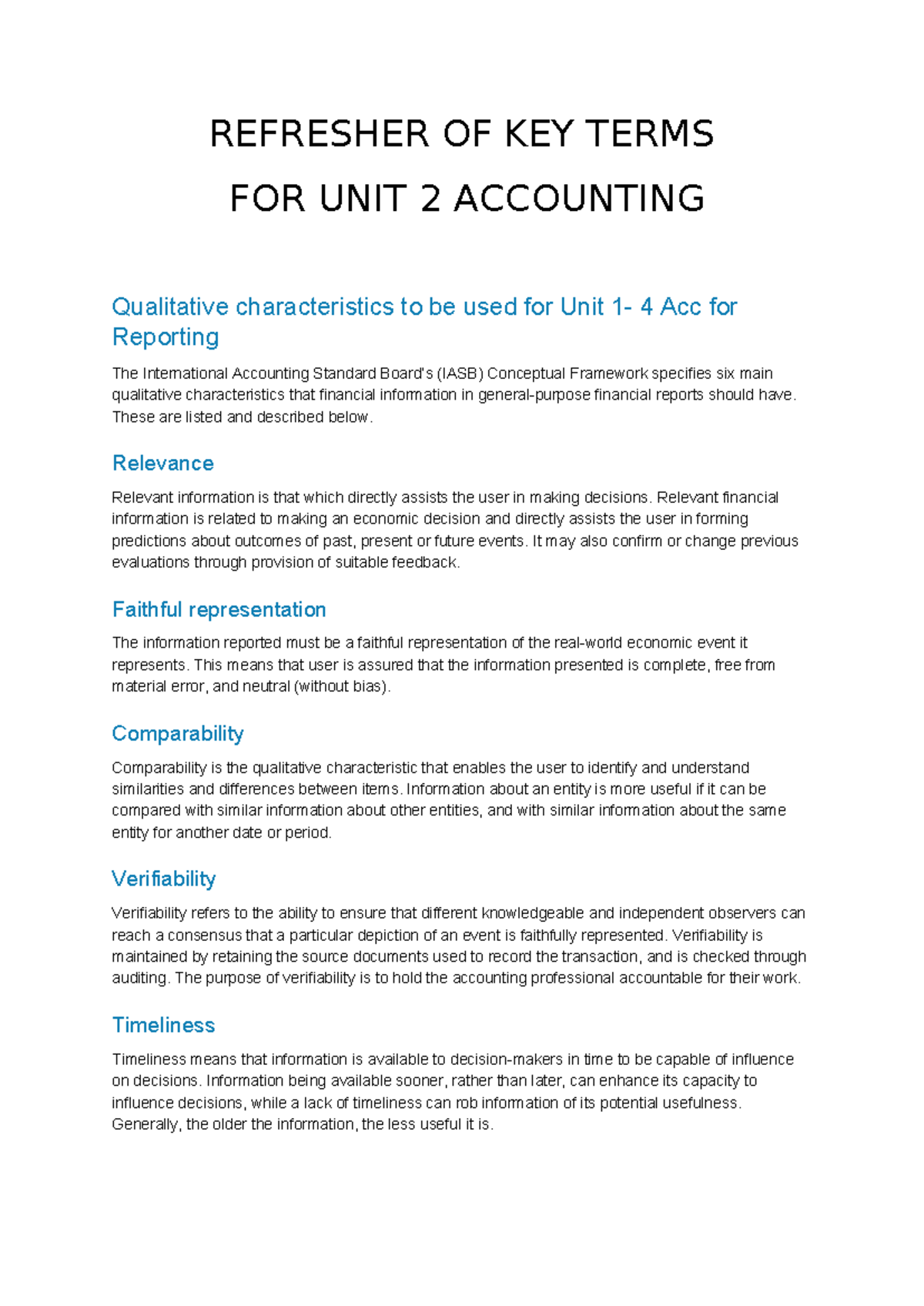 Refresher of Key Terms for Unit 2 Accounting Concepts - Studocu