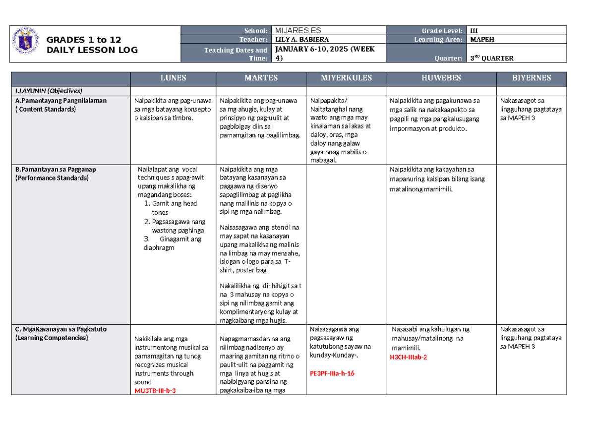 DLL Mapeh 3 Q3 W4 - N/A - GRADES 1 to 12 DAILY LESSON LOG School ...