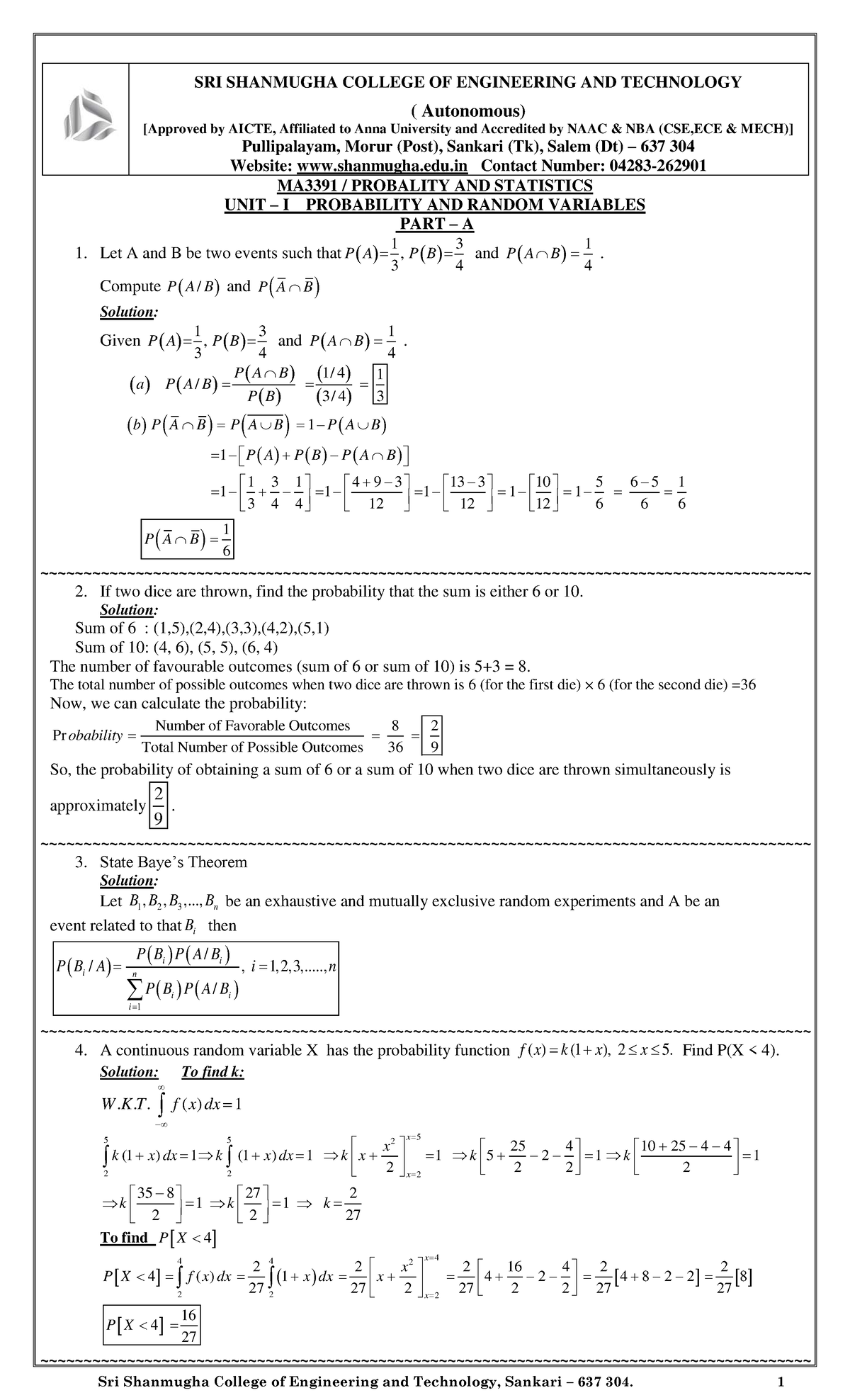 MA3391 Probability and Statistics - Two Marks Materials for Units 1, 2 ...