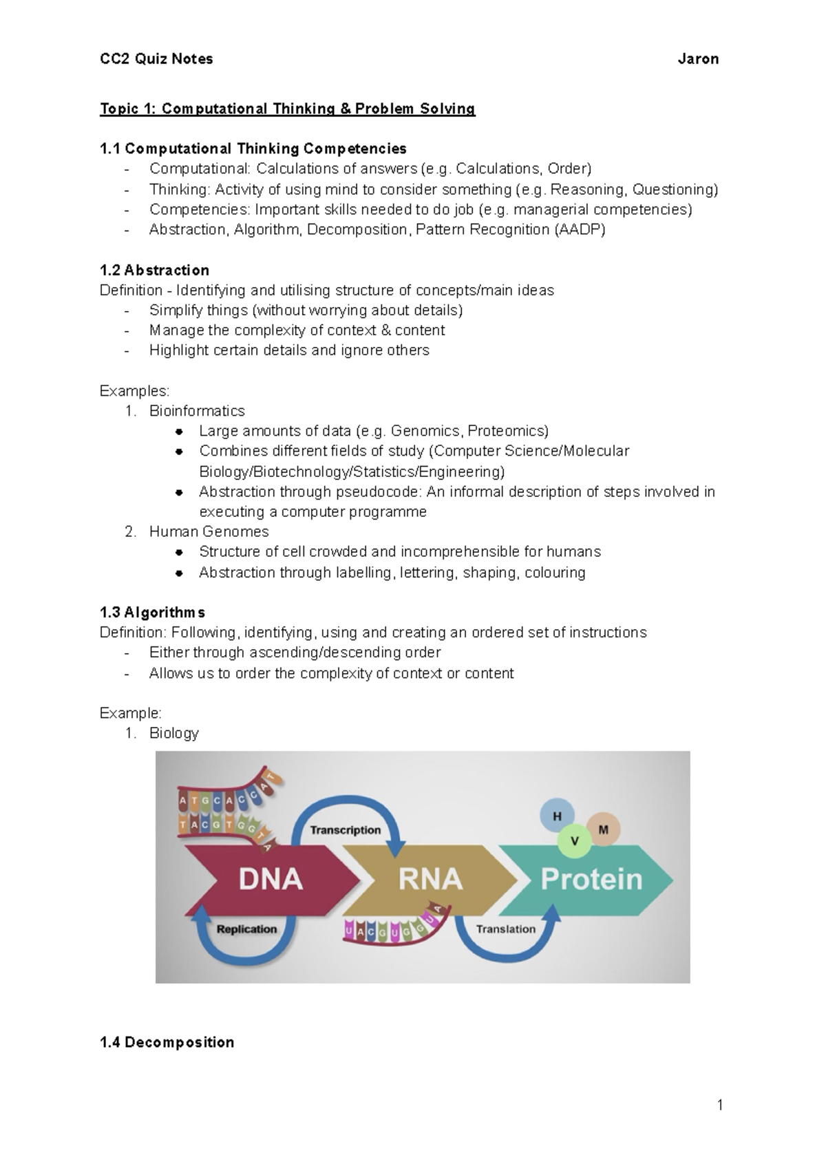 CC2 Quiz Notes - Topic 1: Computational Thinking & Problem Solving 1 ...