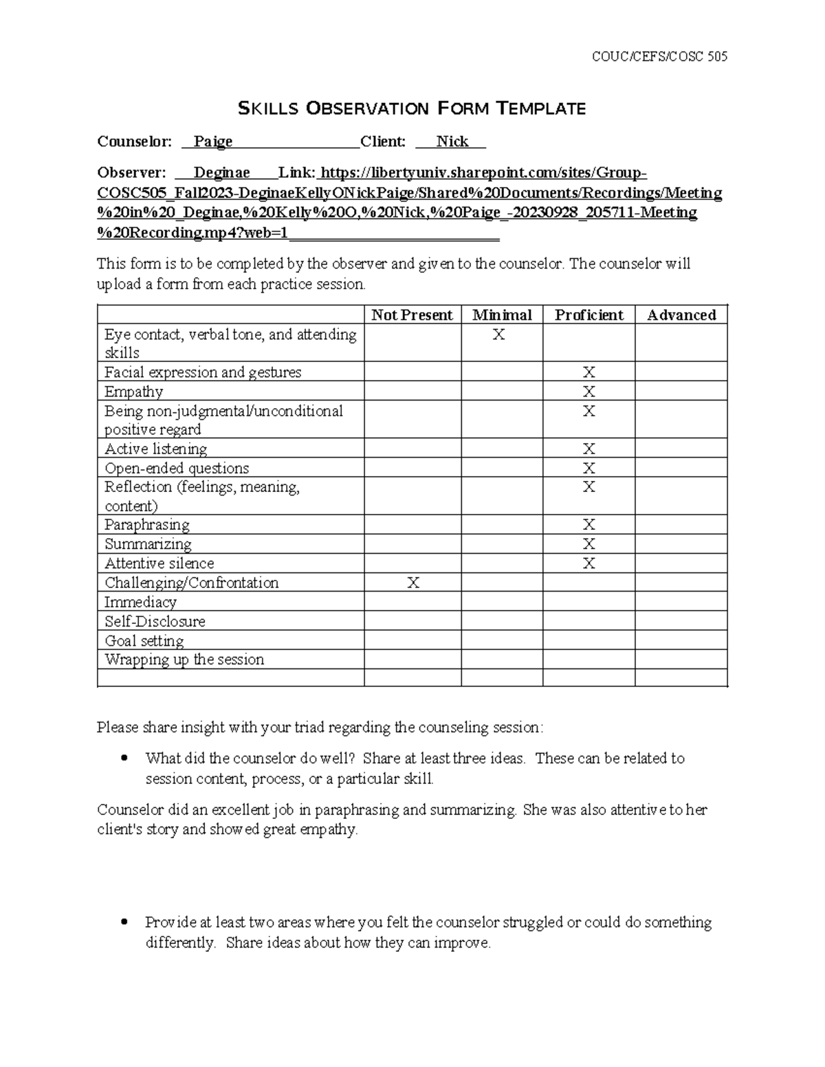 COUC/CEFS/COSC 505 - Skills Observation Reflection and Feedback - Studocu