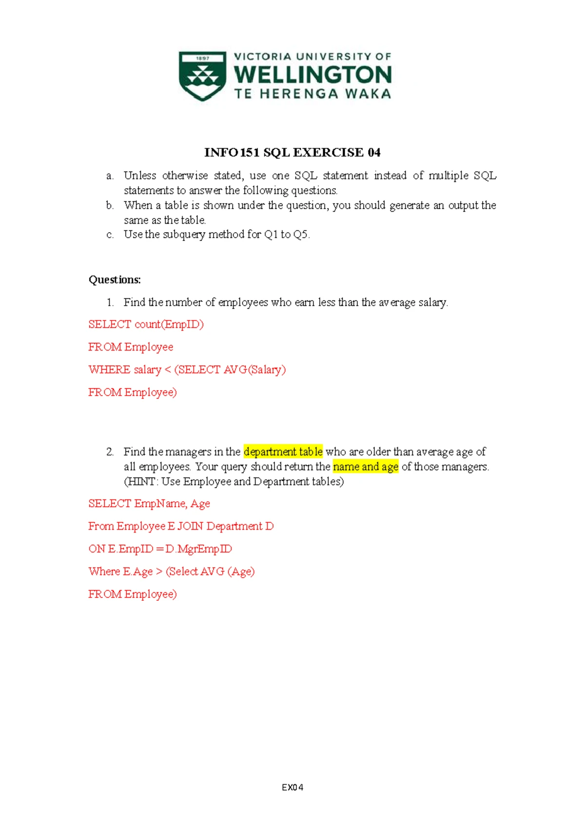INFO151 SQL Database Notes - RETRIEVING DATA FROM A DATABASE QUERY – A ...