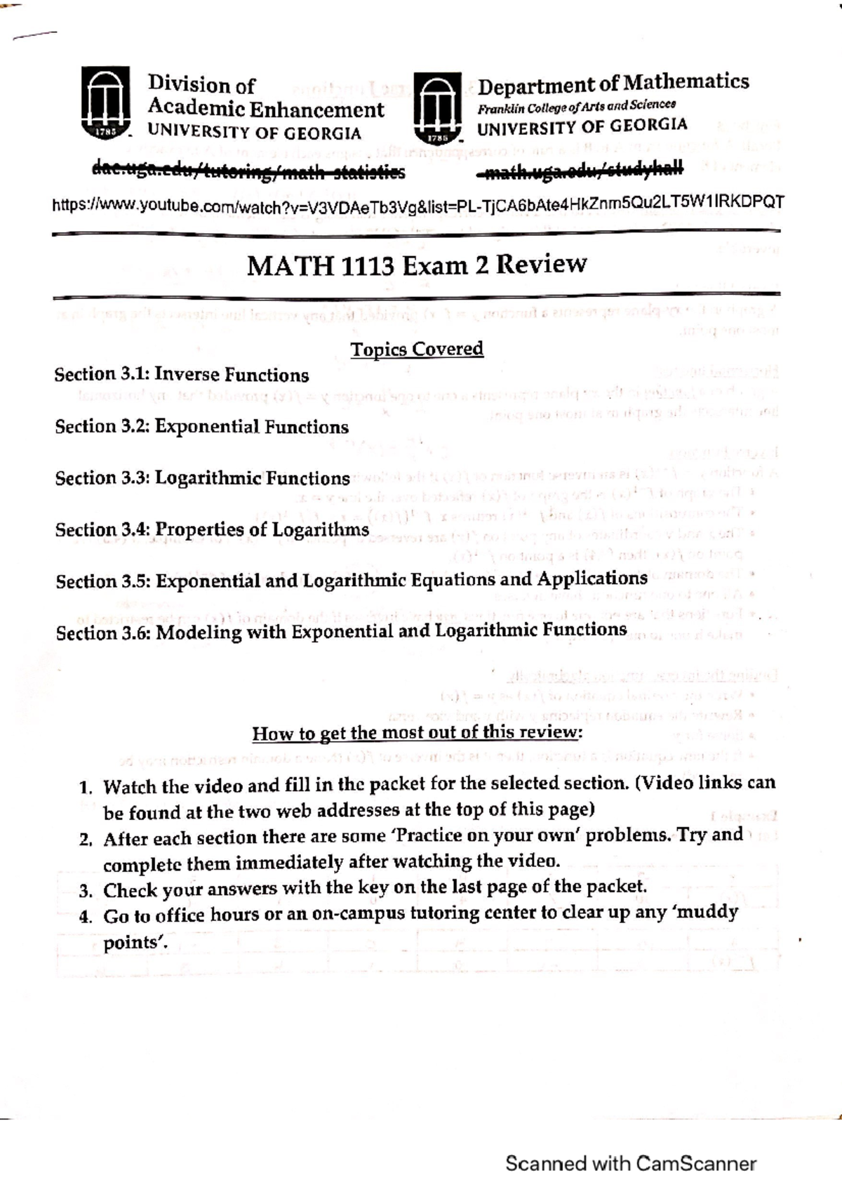 MATH 1101: Precalc Exam 2 Review Packet on Inverses & Logarithms - Studocu