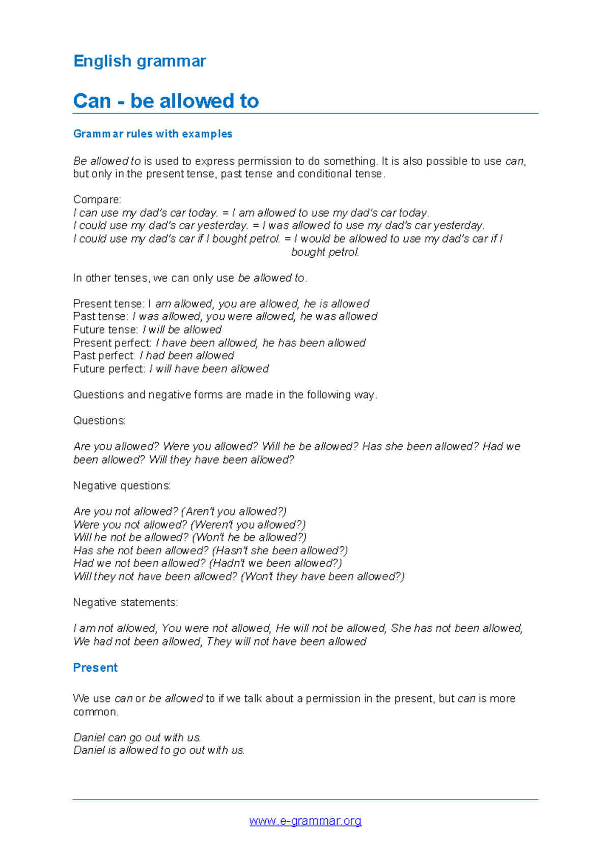 English grammar be allowed to - English grammar Can - be allowed to ...