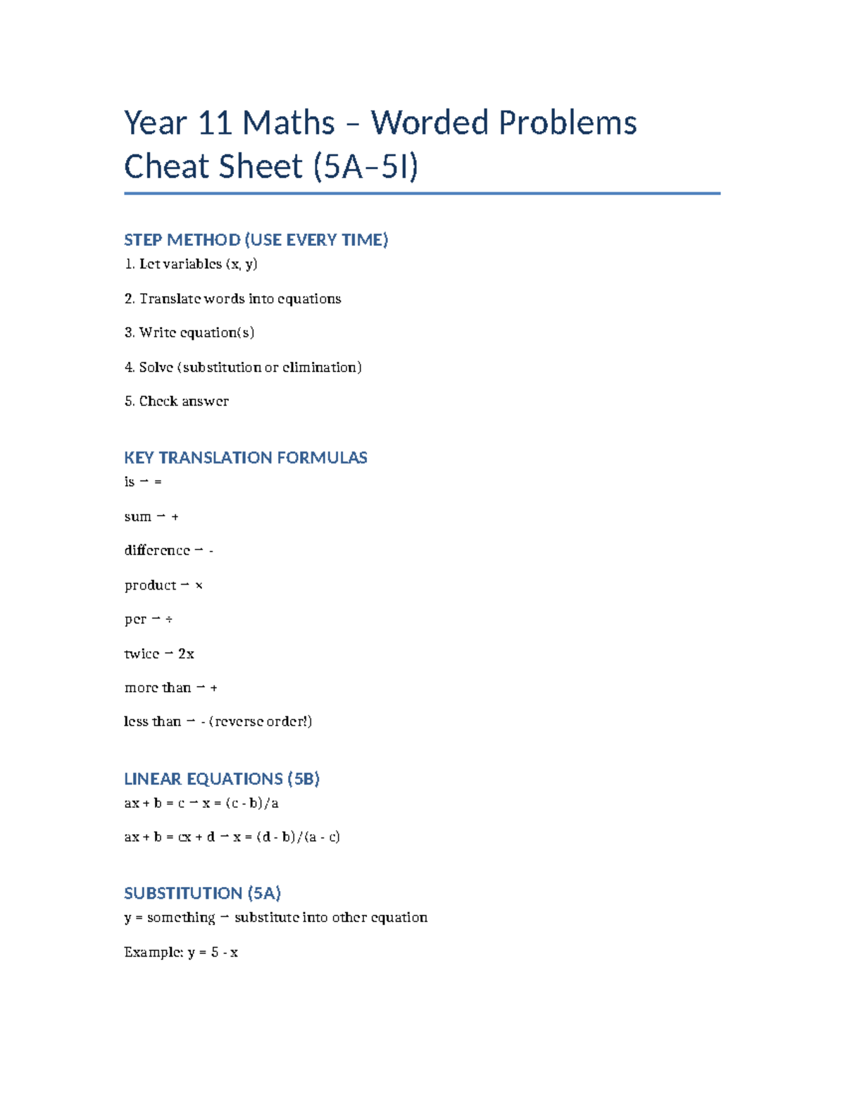 Year 11 Maths (5A, 5B, 5C) Worded Problems Cheat Sheet - Studocu