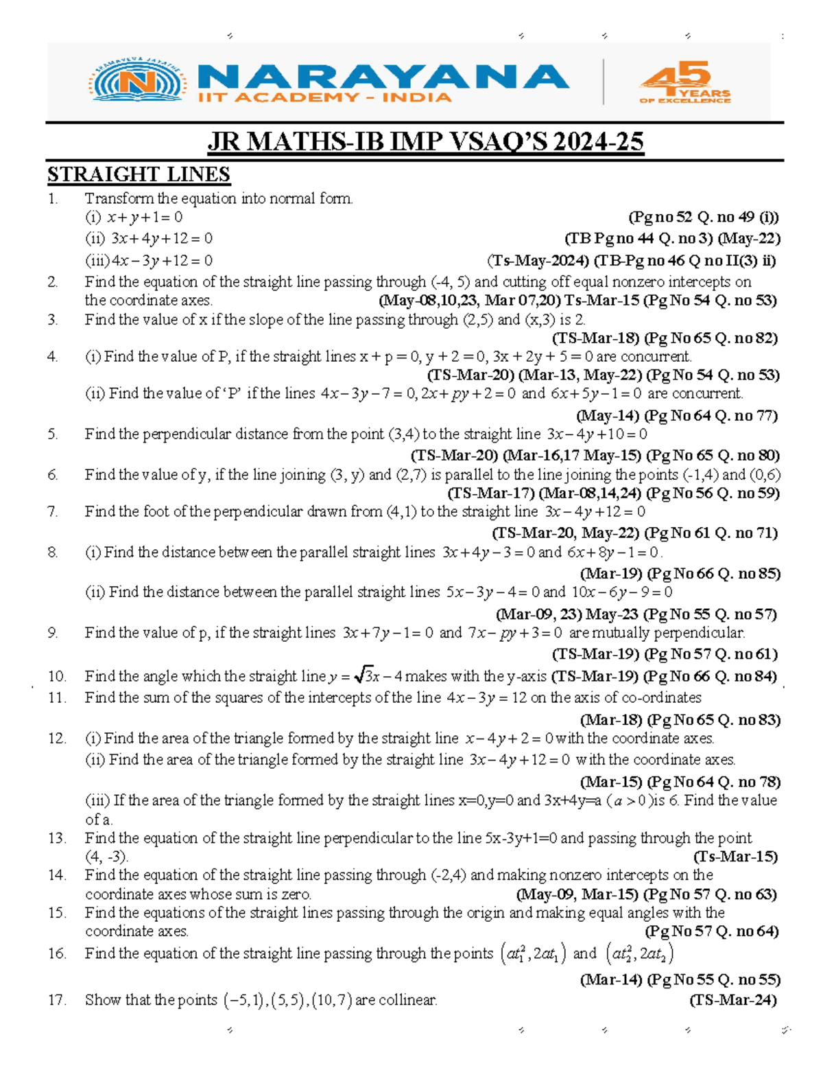 JR- Maths-IB IMP VSAQ'S 2024-25 - JR MATHS-IB IMP VSAQ’S 2024- STRAIGHT ...