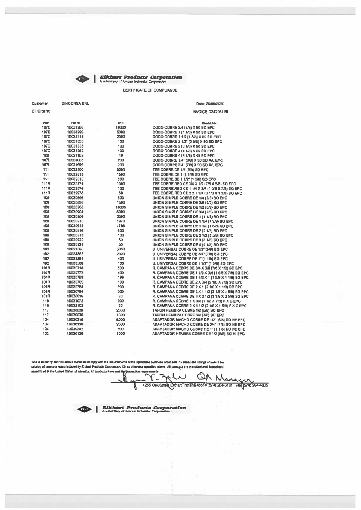 EPC Certificate of Compliance for DINCORSA SRL - Copper Tubing Quality - Document Preview