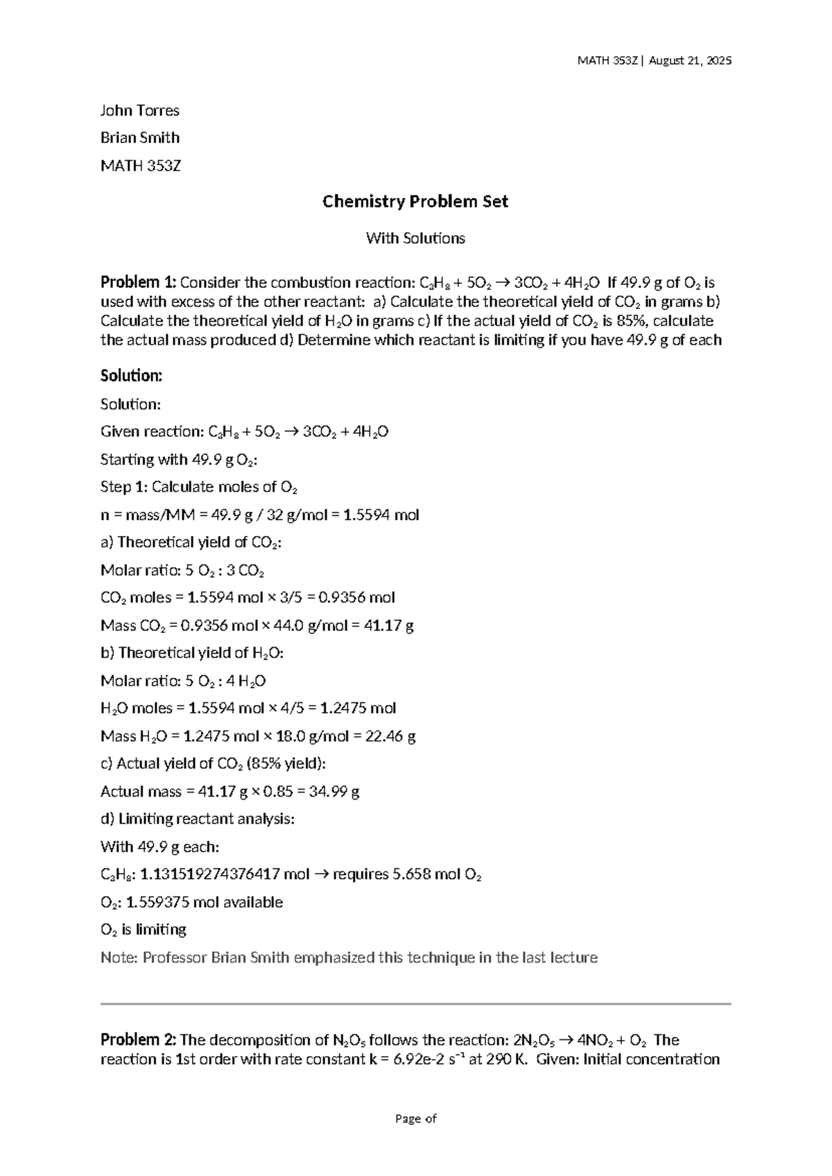 MATH 353Z Chemistry Problem Set Solutions and Analysis - Studocu