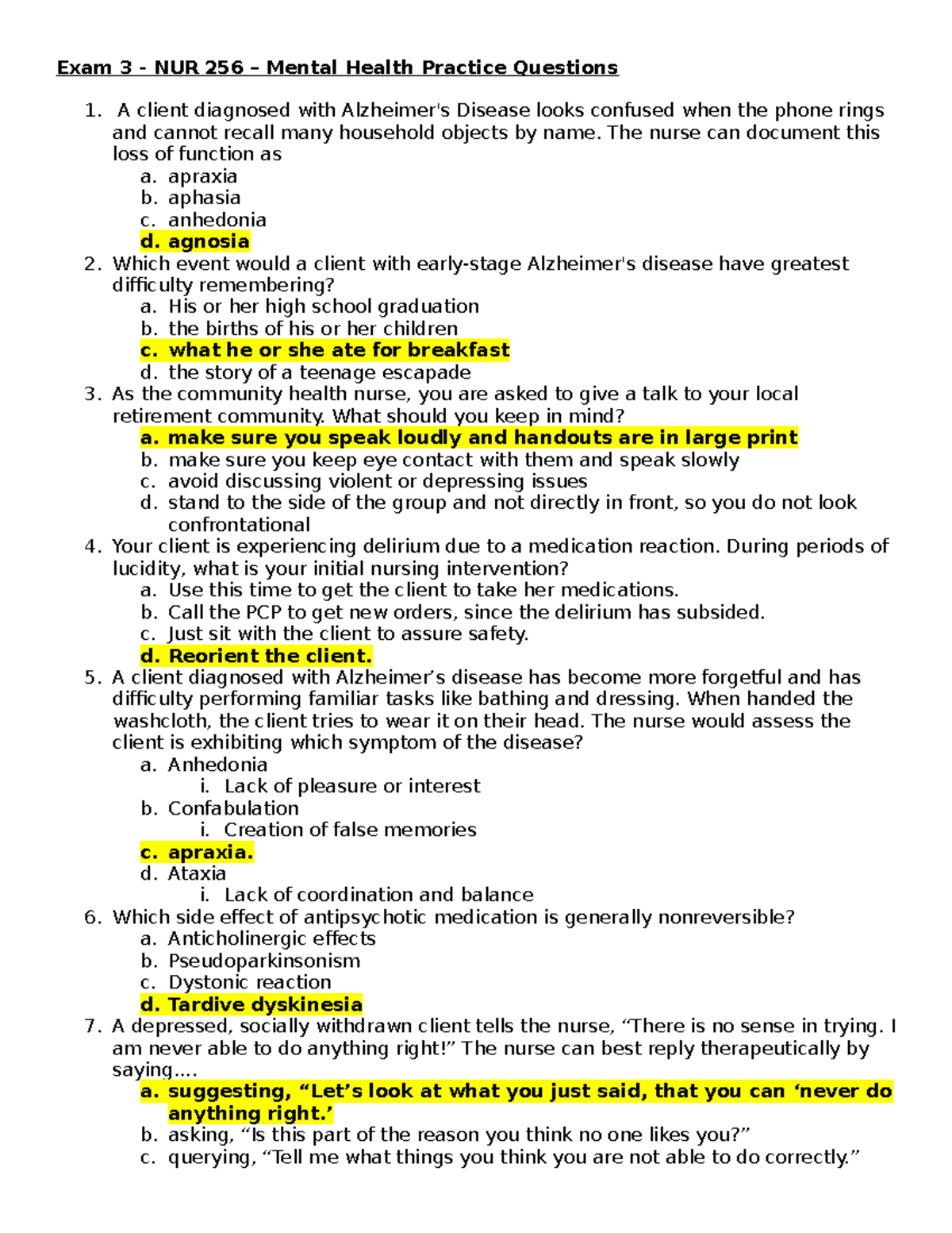 Exam 3 - NUR 256 Mental Health Practice Questions and Answers - Studocu