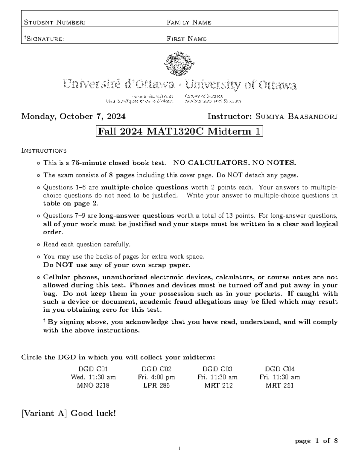 MAT1320C Mdtm 1 Variant A Solutions - Fall 2024 Exam Guide - Studocu