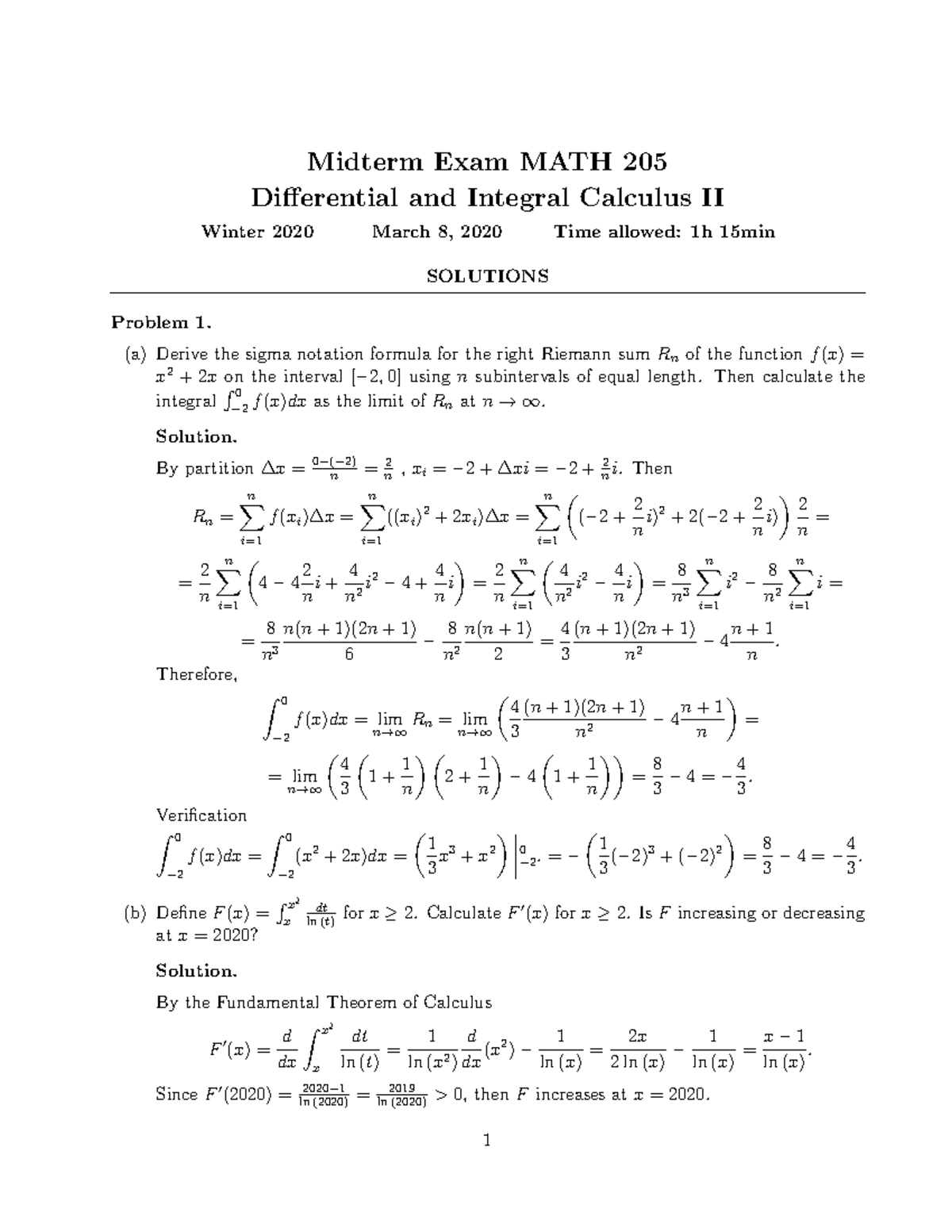 Midterm Winter 2020, question and answers - Midterm Exam MATH 205 ...