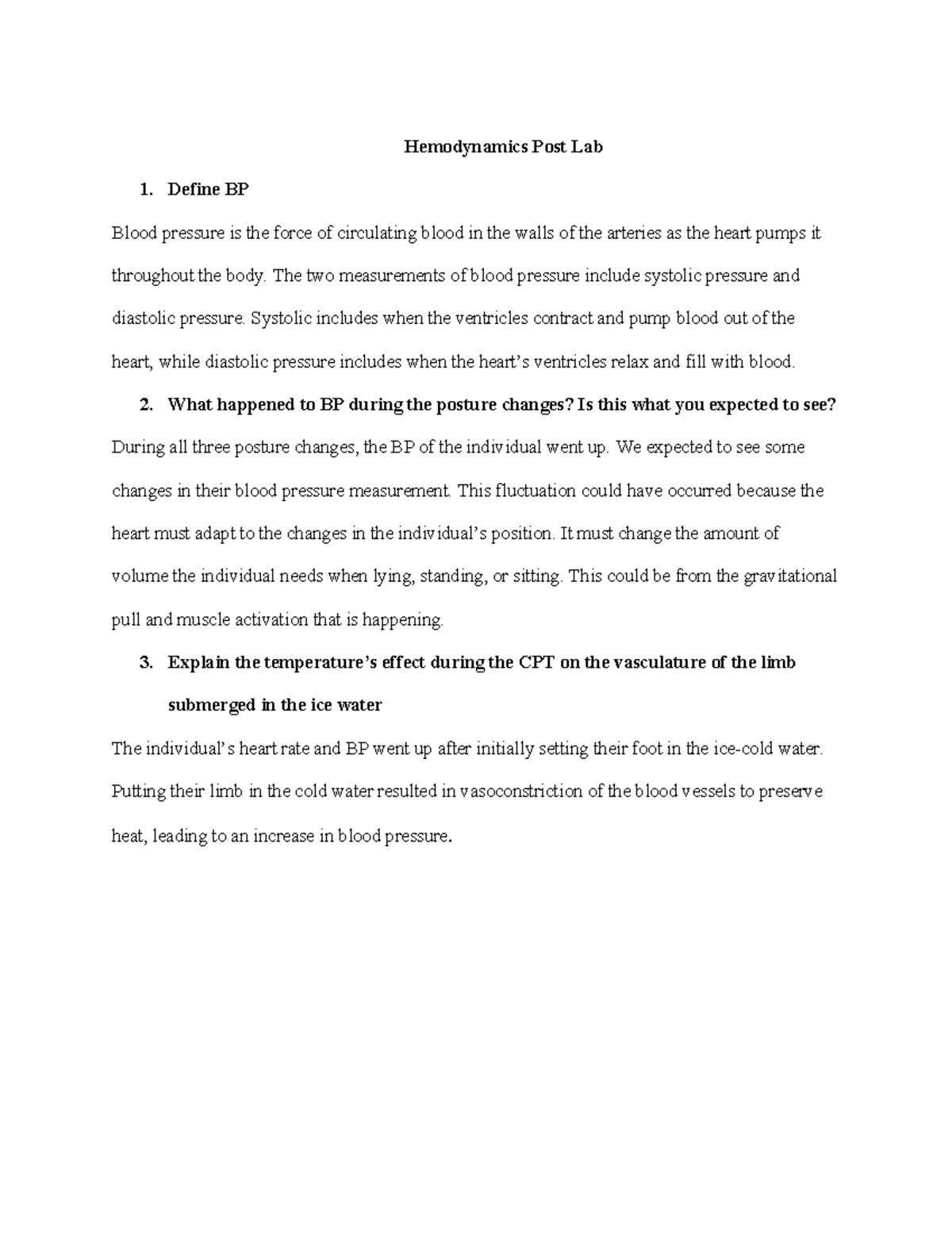 Hemodynamics Lab Post-Lab Report: BP and Temperature Effects - Studocu