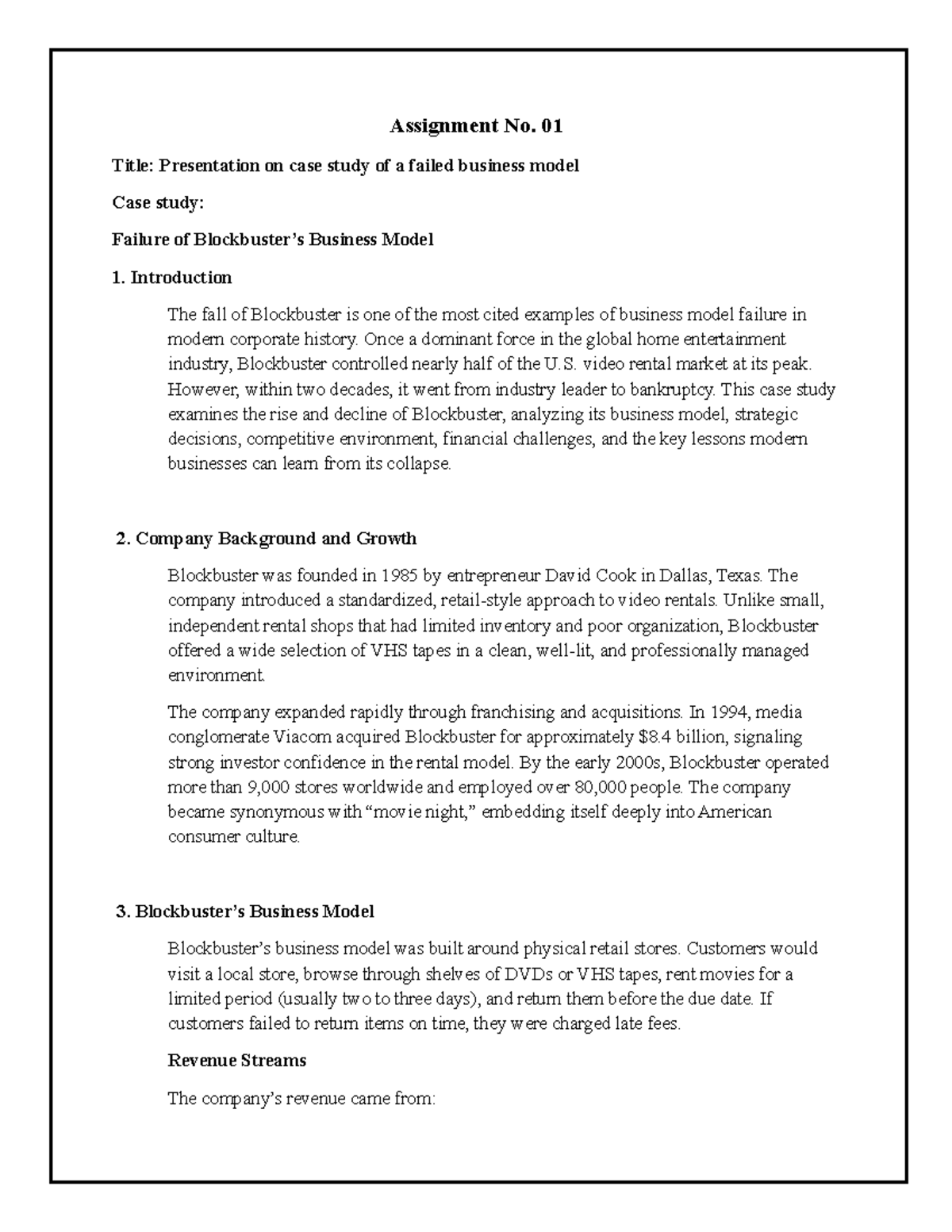 BMD 101: Case Study on Blockbuster's Business Model Failure - Studocu