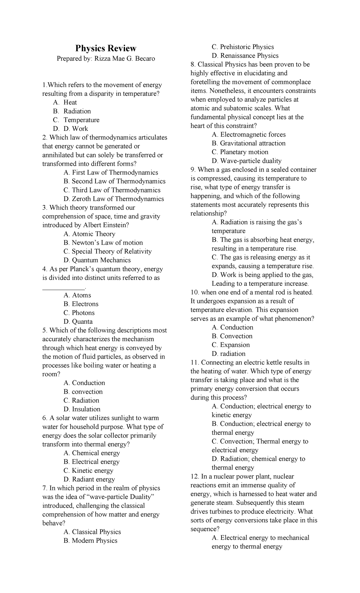 Physics Review: Key Concepts and Questions for Exam Preparation - Studocu