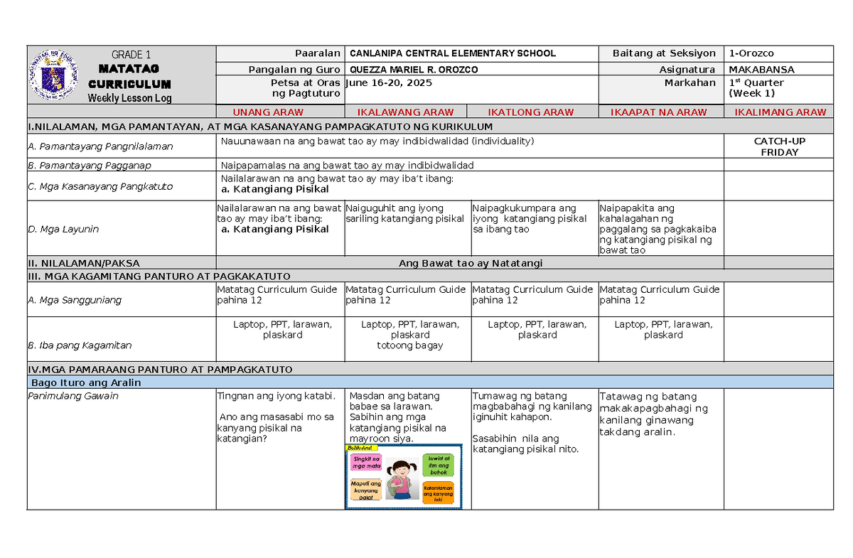 GRADE 1 MATATAG CURRICULUM Weekly Lesson Log: Makabansa (1st Quarter ...