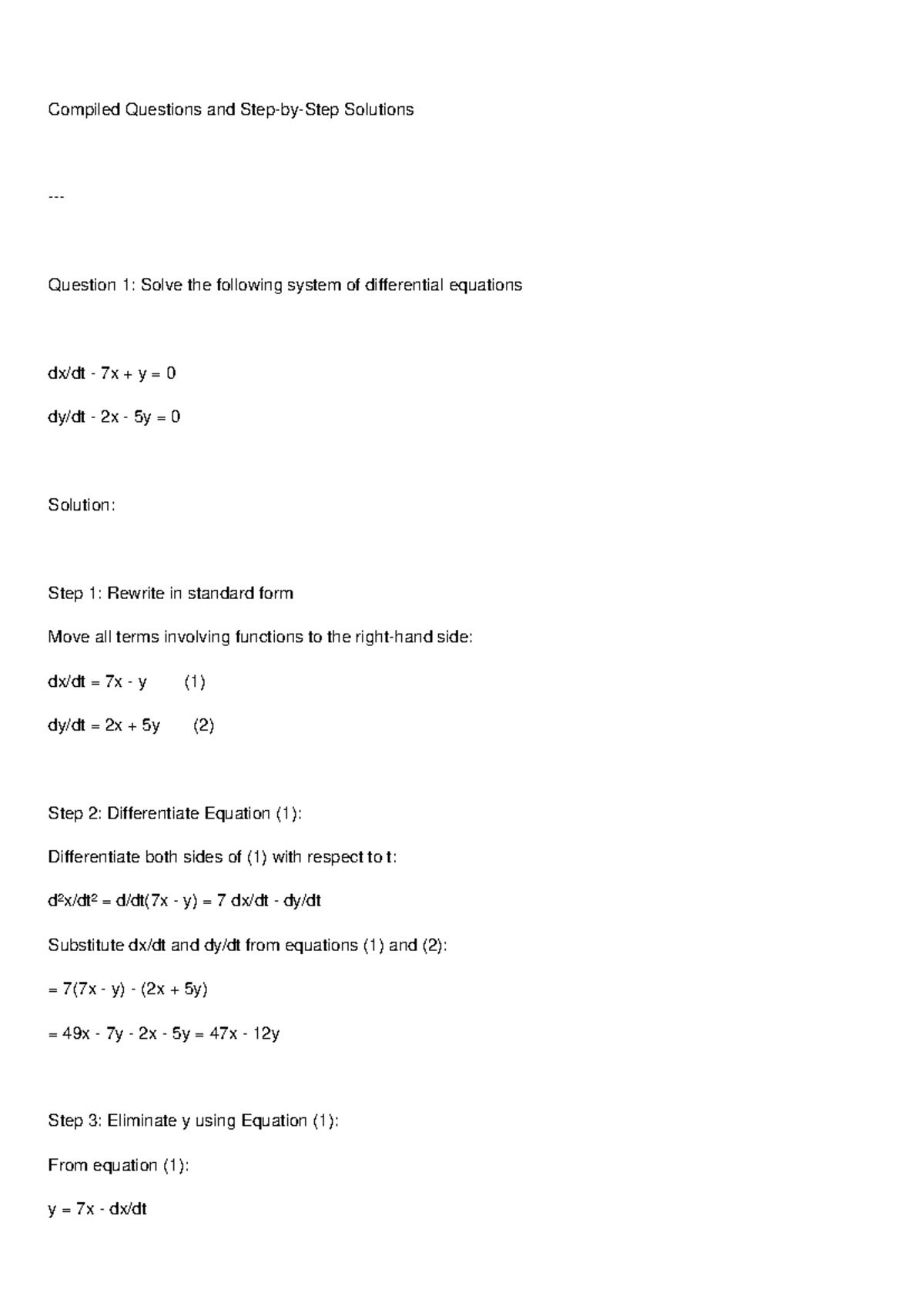 Simultaneous DE Solutions: Compiled Questions & Answers - Studocu