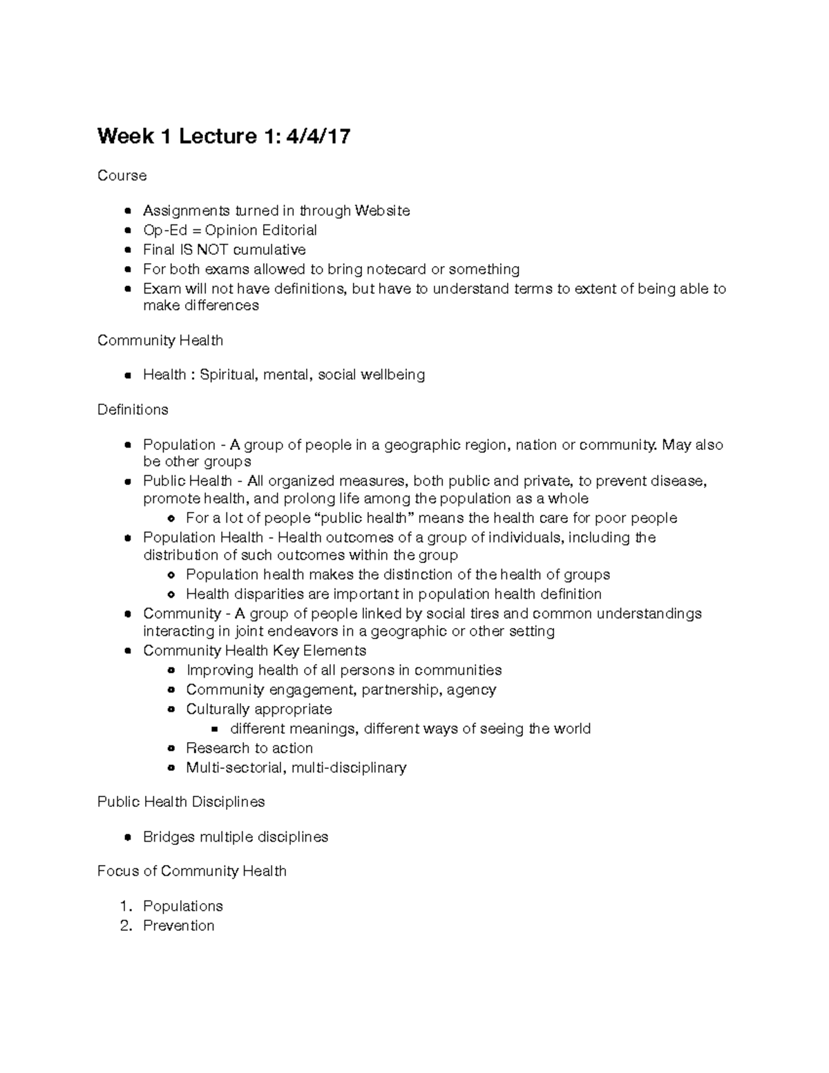 Com Hlt 100 - Week 1 Lecture 1 - Community Health Overview Notes - Studocu