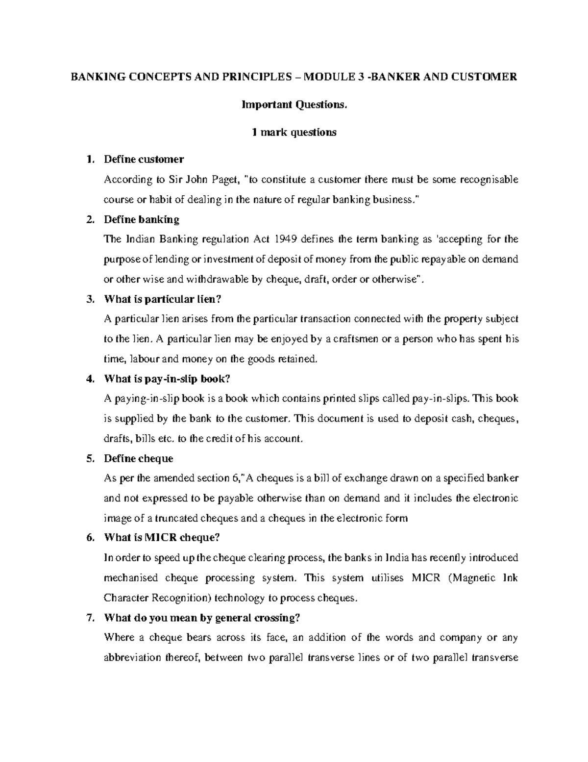 Banking Concepts & Principles Module 3: Key Questions & Answers - Studocu