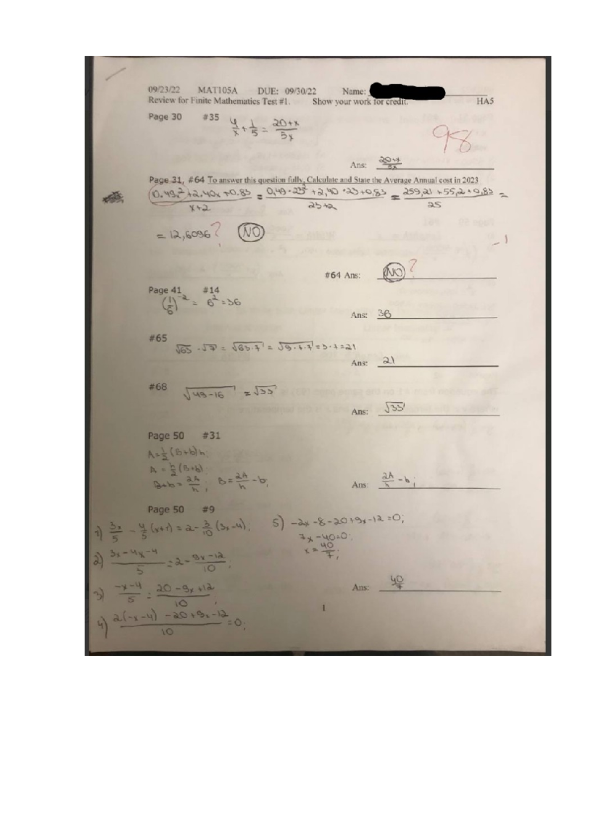 MAT105A - Review for Finite Math Test (Homework 5) - Studocu