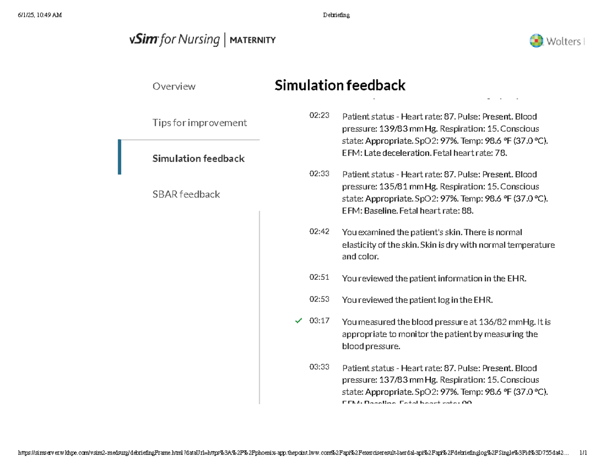 Simulation Feedback Log: Patient Status & Improvement Tips - Studocu