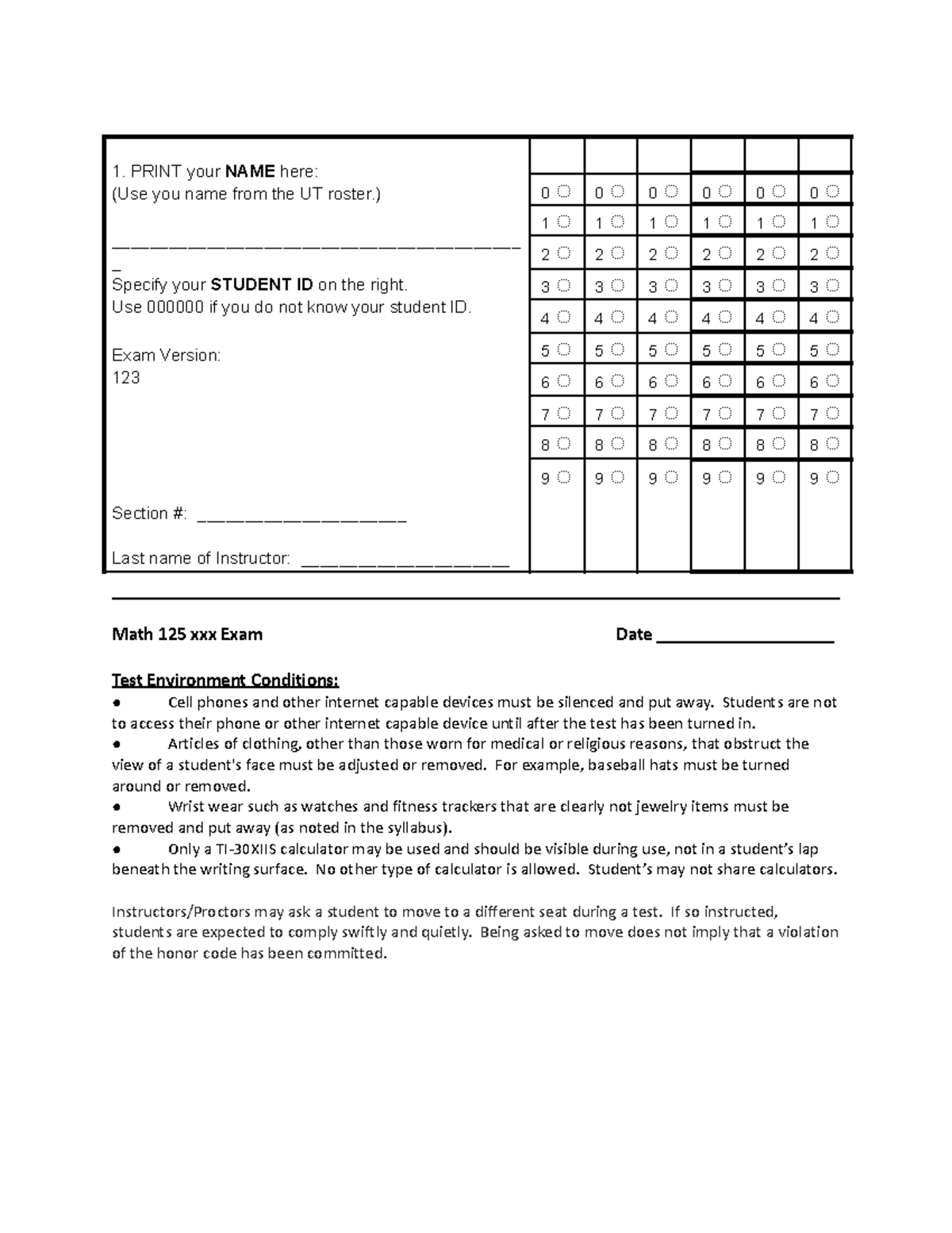 Math+125+Unit+3+Exam+Version+123 - 1. PRINT your NAME here: (Use you ...