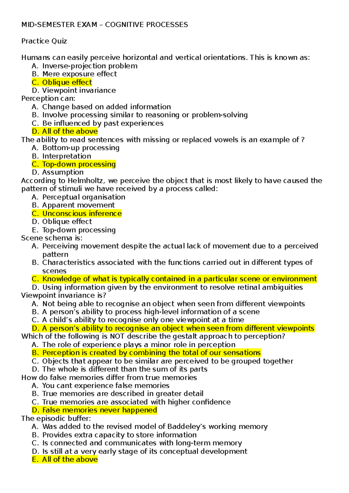 EXAM COGNITIVE PROCESSES Practice Quiz on Perception and Cognitive ...