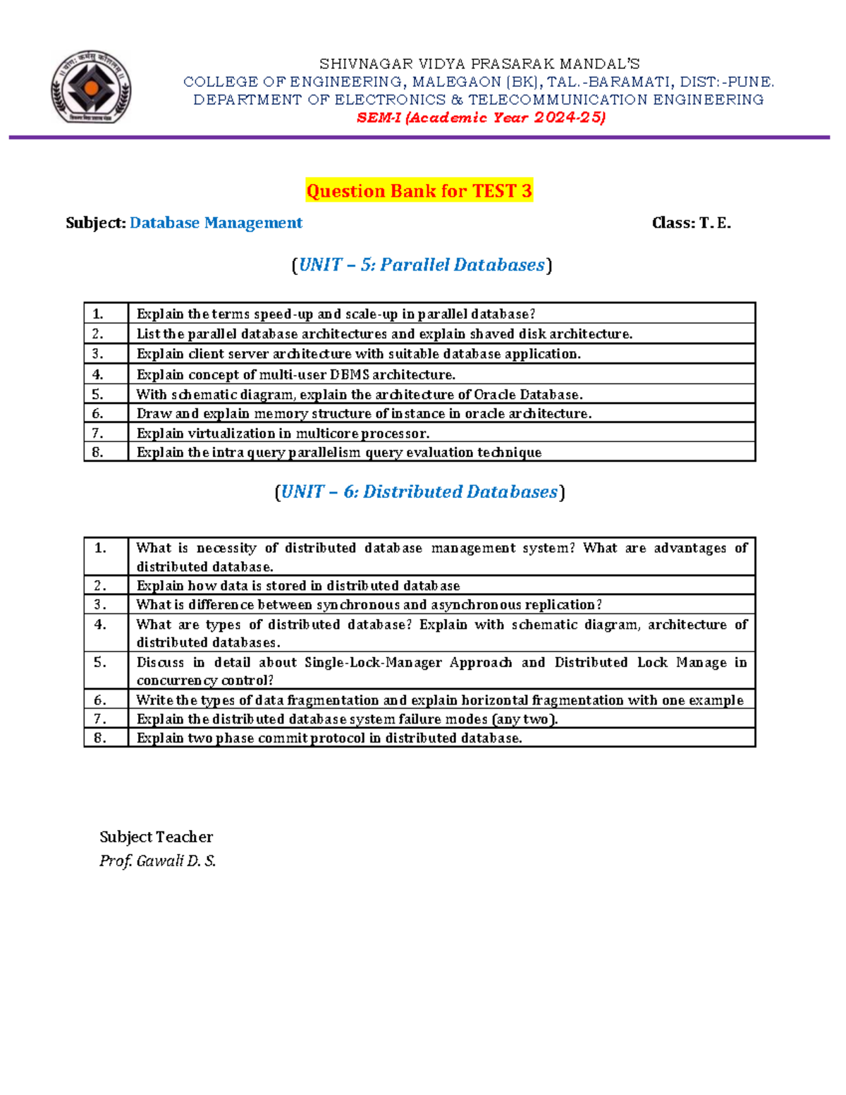 DBM 24-25 Question Bank: Unit 5 & 6 on Parallel & Distributed Databases ...