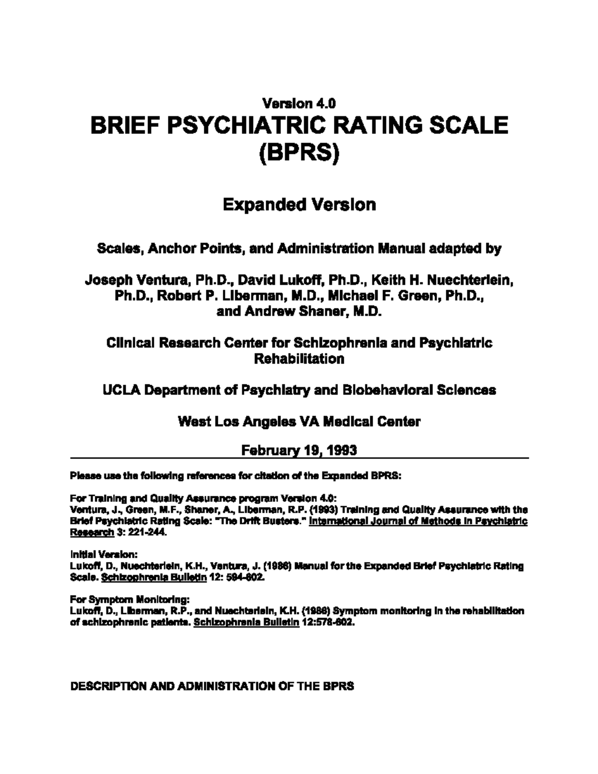 BPRS - BPRS PRACTICAL NOTES - Version 4 BRIEF PSYCHIATRIC RATING SCALE ...