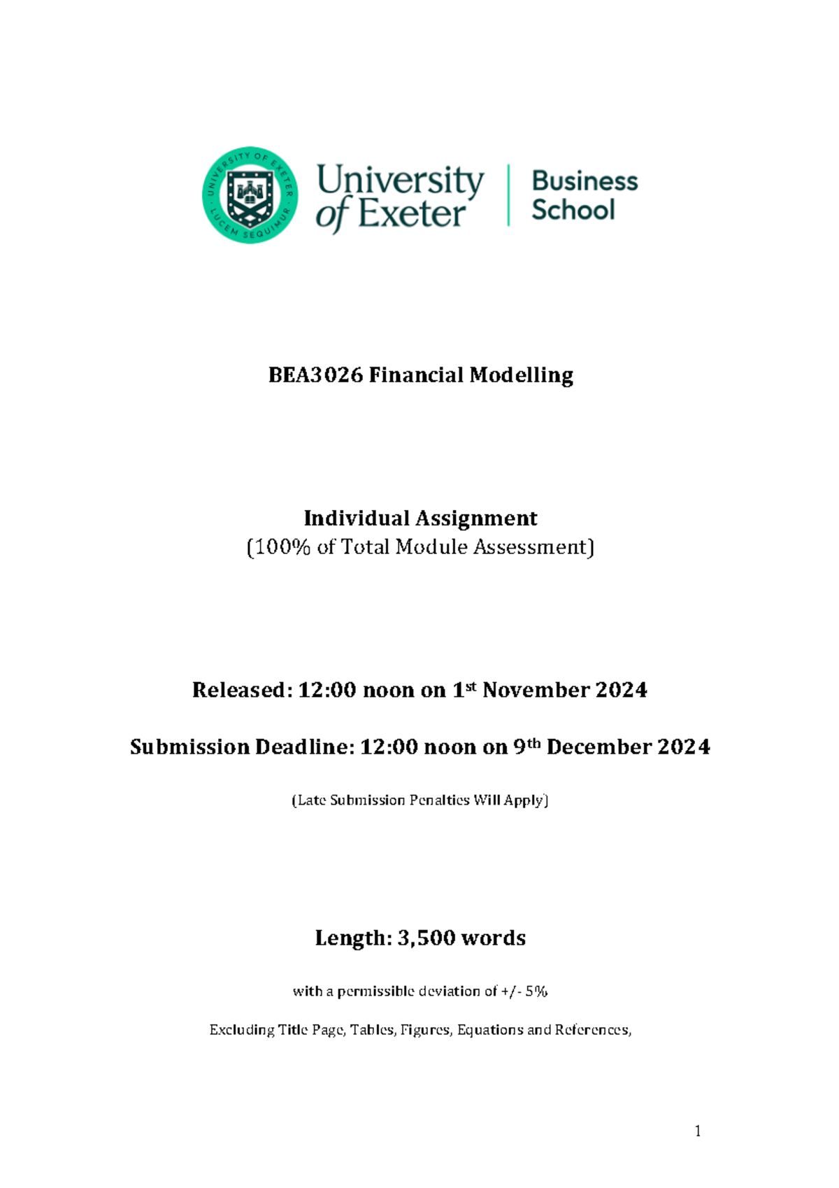 BEA3026 Financial Modelling Individual Assignment Guidelines 2024 - Studocu