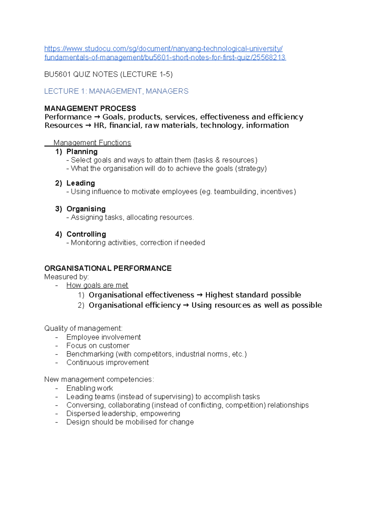 BU5601 QUIZ NOTES: Management Processes and Performance Goals - Studocu