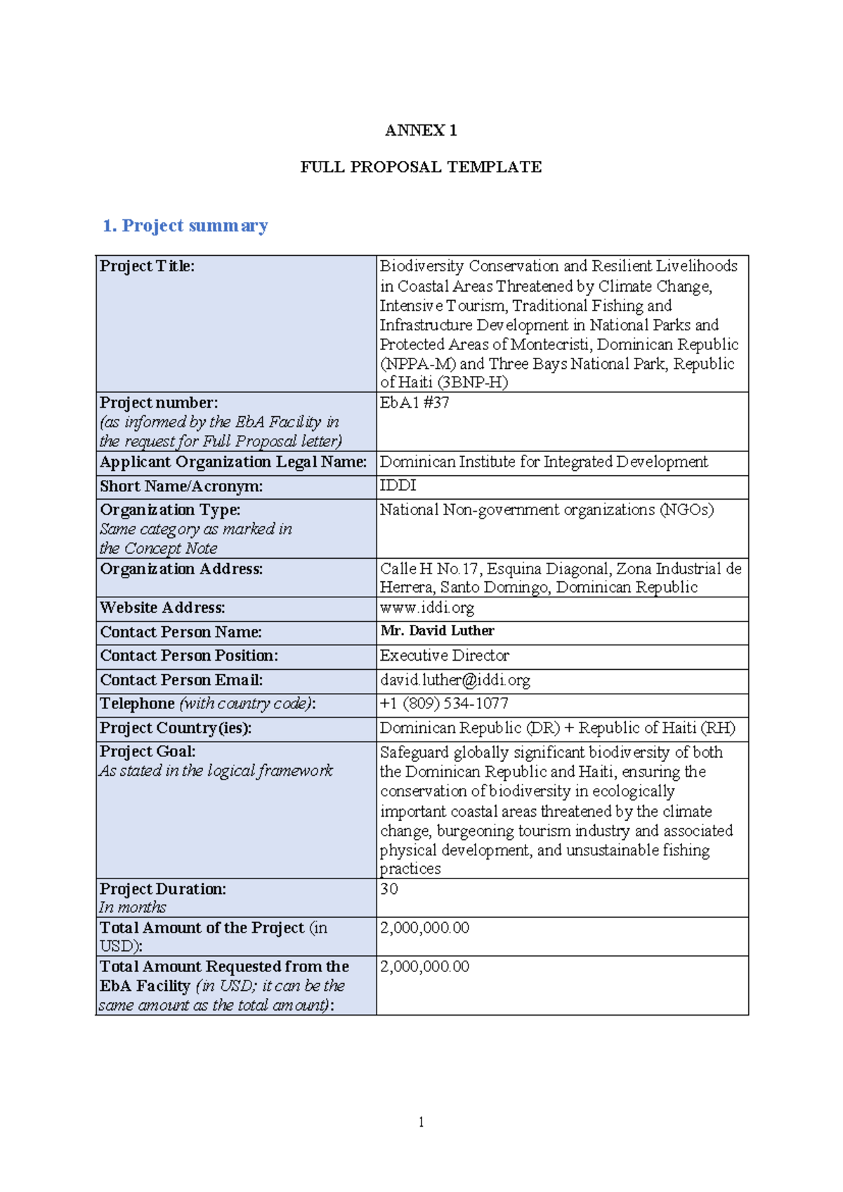 Annex 1: Full Proposal for EbA Facility - Biodiversity Conservation in ...