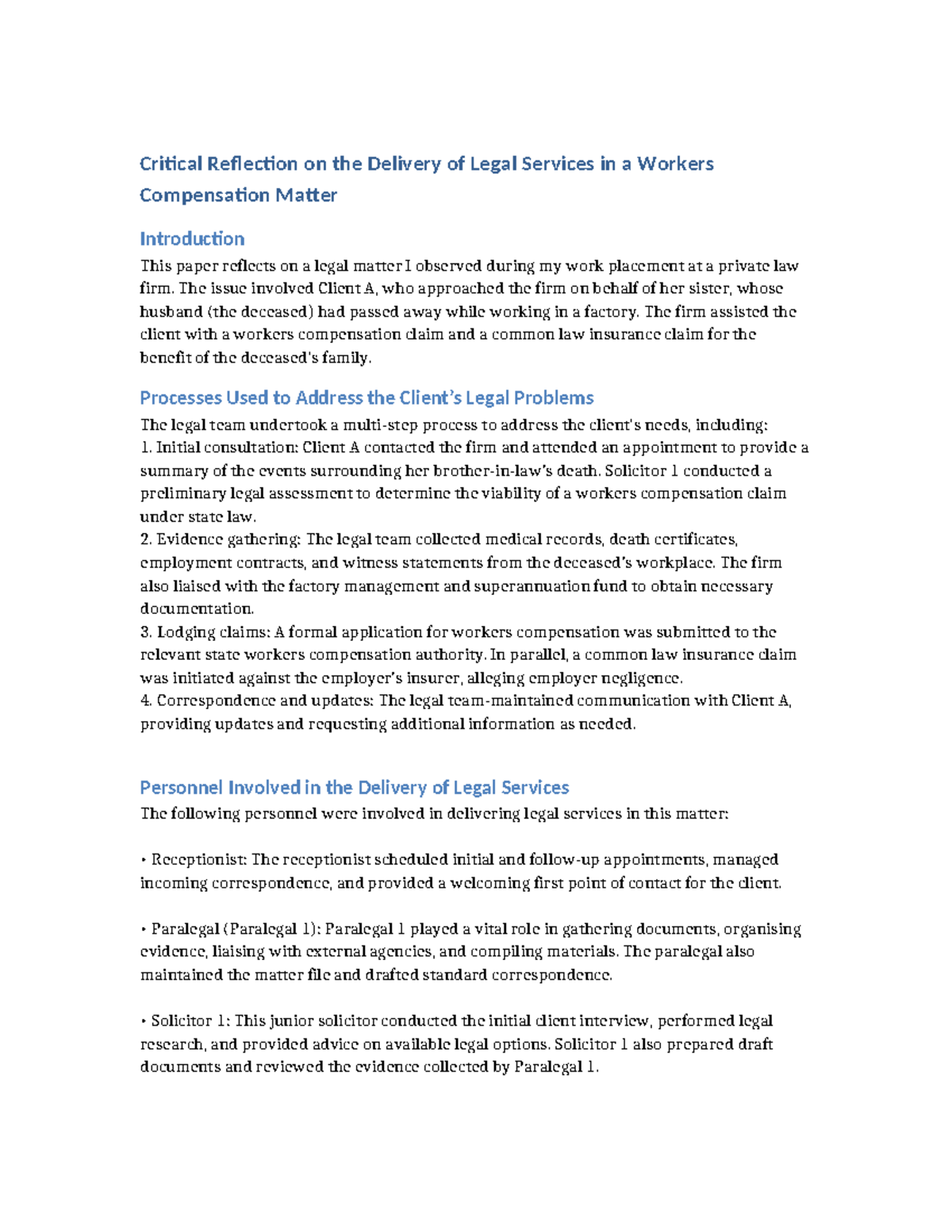 Critical Reflection on Legal Services in Workers Comp Matter - CEM ...