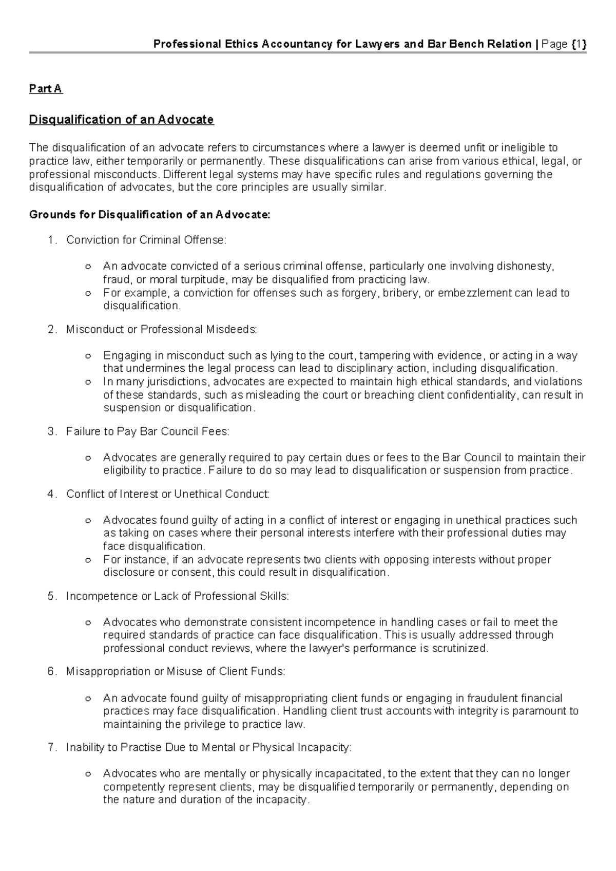 PE Part A: Disqualification of Advocates and Legal Aid Framework - Studocu