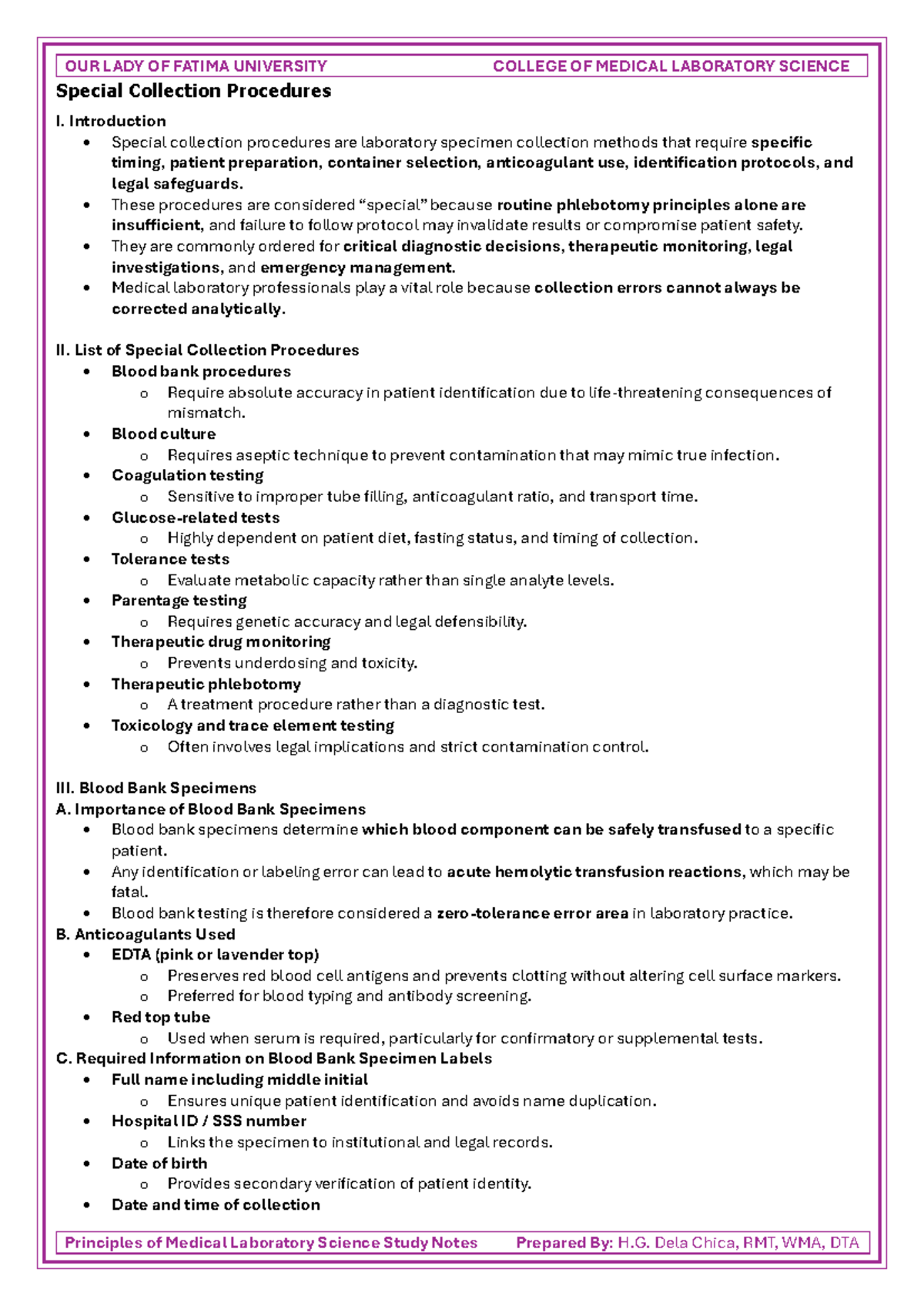 Special Collection Procedures in Medical Laboratory Science (MLSC 101 ...