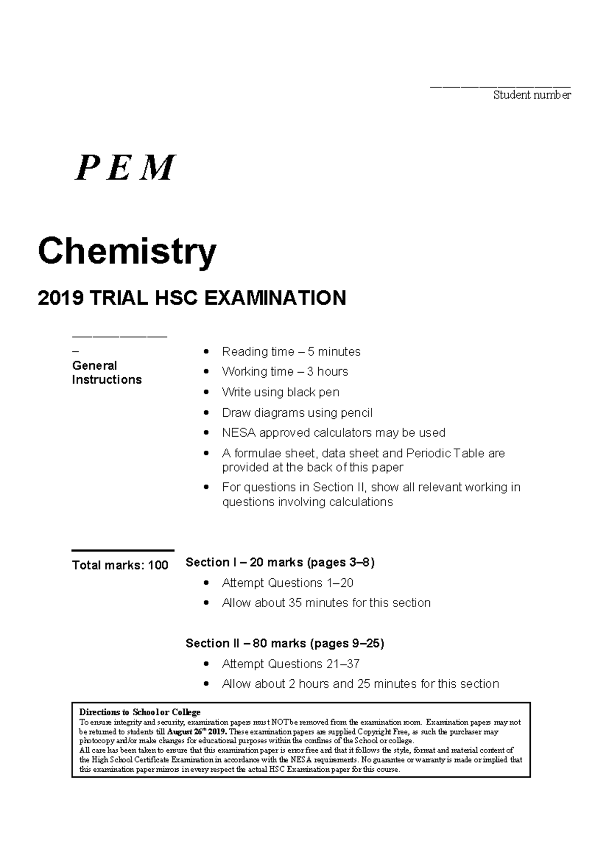 PEM 2019 Chemistry Trial HSC Exam Paper with Answers - Studocu