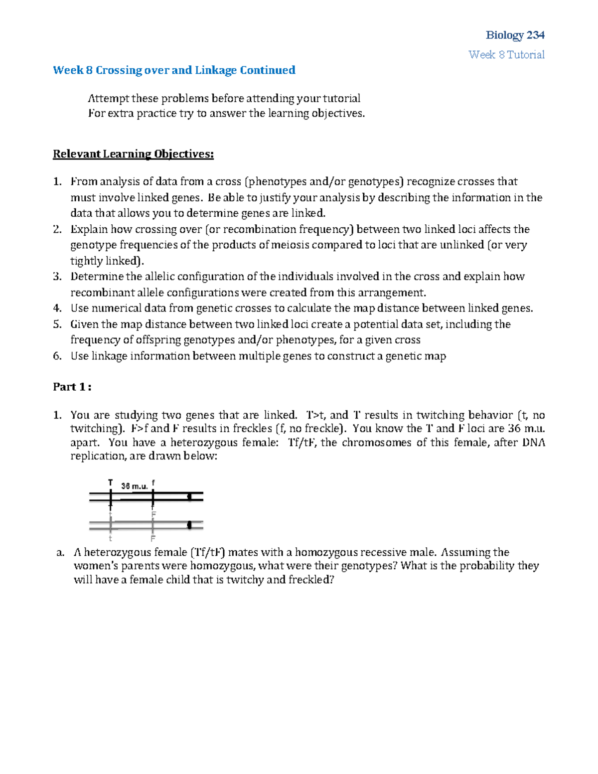 Biol 234 2025W2 Week 8 Tutorial: Linkage & Crossing Over Analysis - Studocu