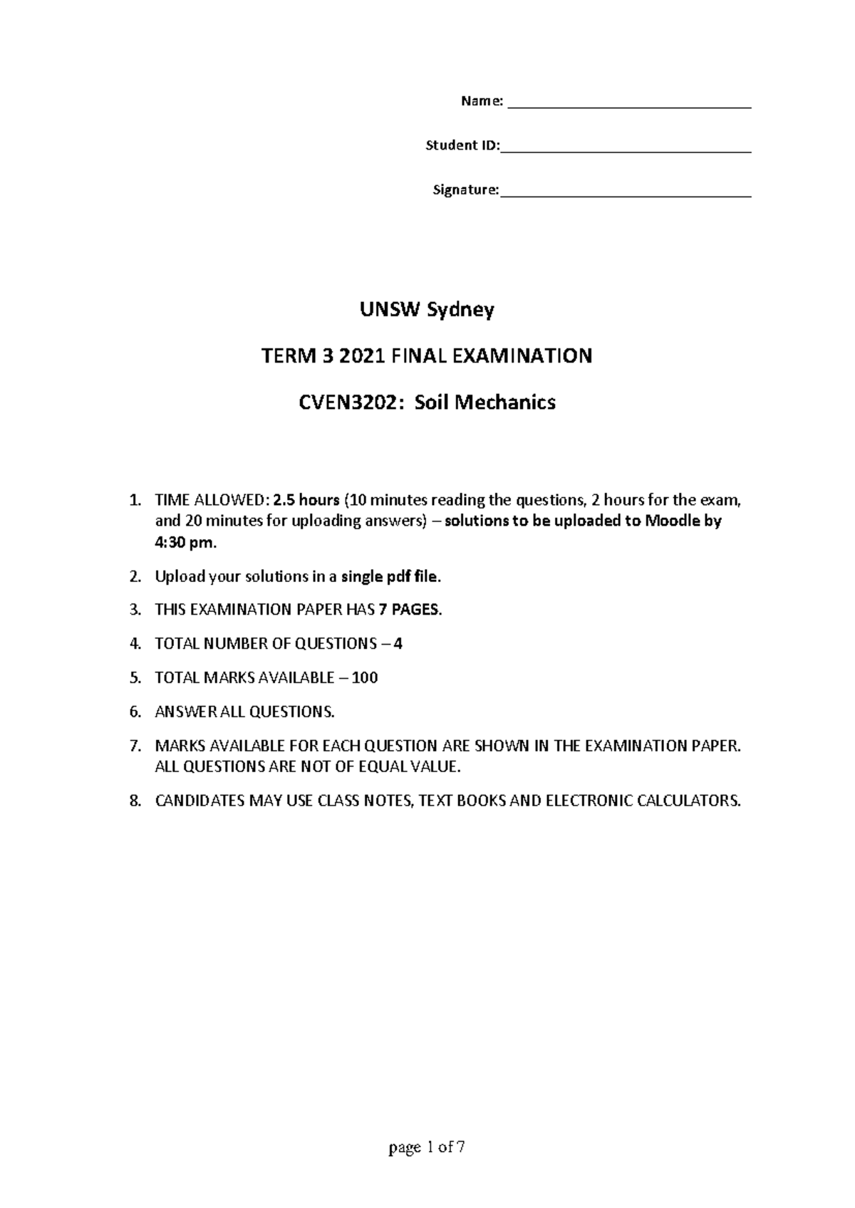 CVEN 3202 Final Exam: Soil Mechanics - Term 3 2021 Paper - Studocu
