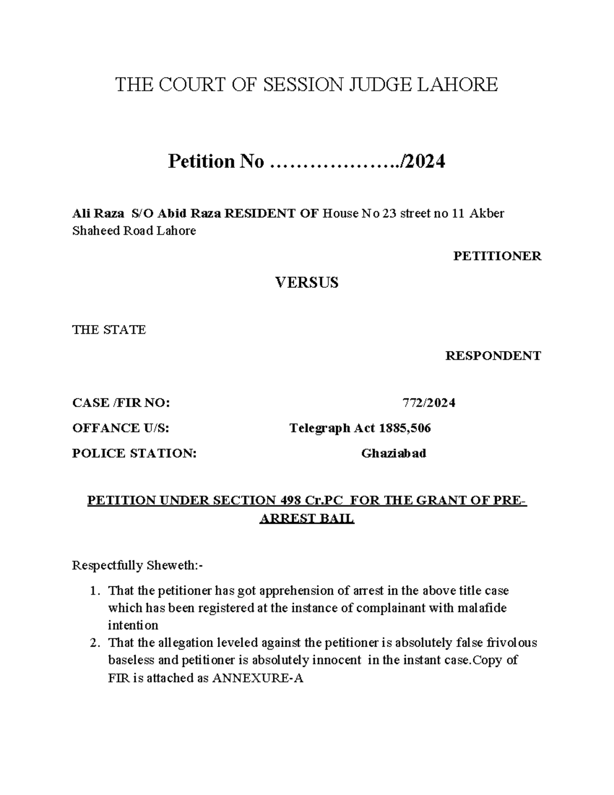 Petition Under Section 498 Cr.PC: Ali Raza v. The State - Law Notes ...