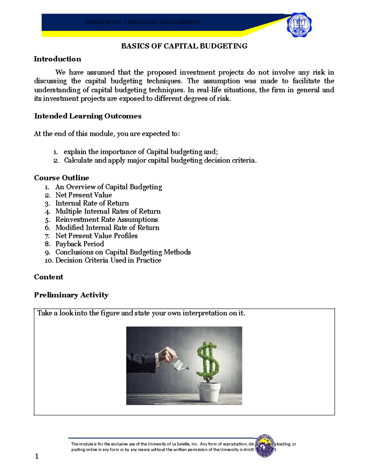 PBSBAFM 001 FINANCIAL MANAGEMENT: Basics of Capital Budgeting Module ...