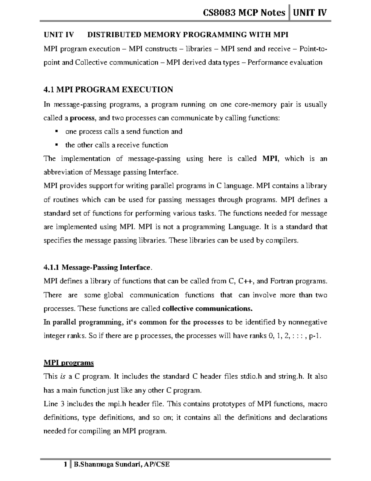 CS8083 MCP Notes: Unit IV - Distributed Memory Programming with MPI ...